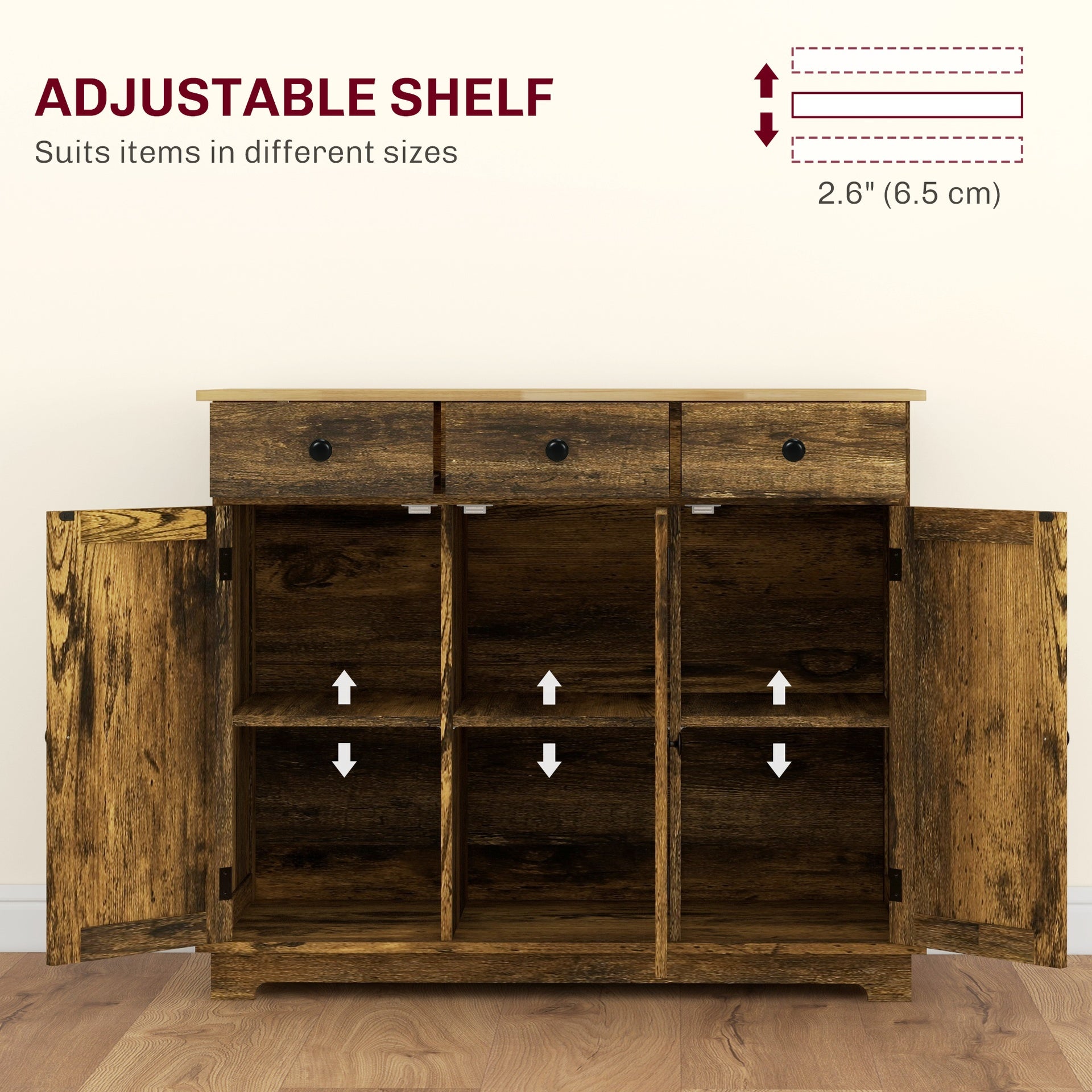 HOMCOM Kitchen Storage Cabinet, Sideboard Floor Cupboard with Solid Wood Top, Adjustable Shelf, and 3 Drawers, Brown