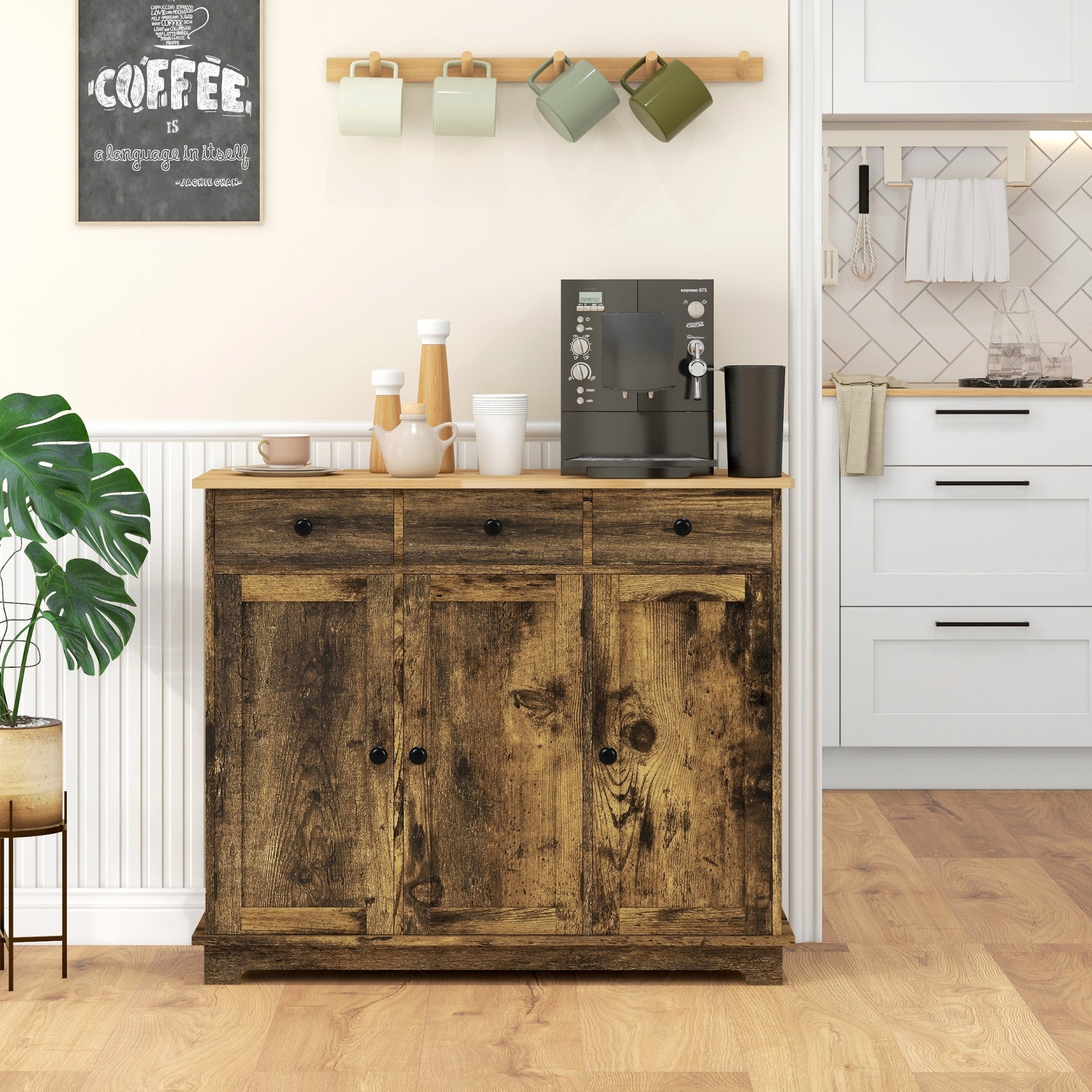 HOMCOM Kitchen Storage Cabinet, Sideboard Floor Cupboard with Solid Wood Top, Adjustable Shelf, and 3 Drawers, Brown