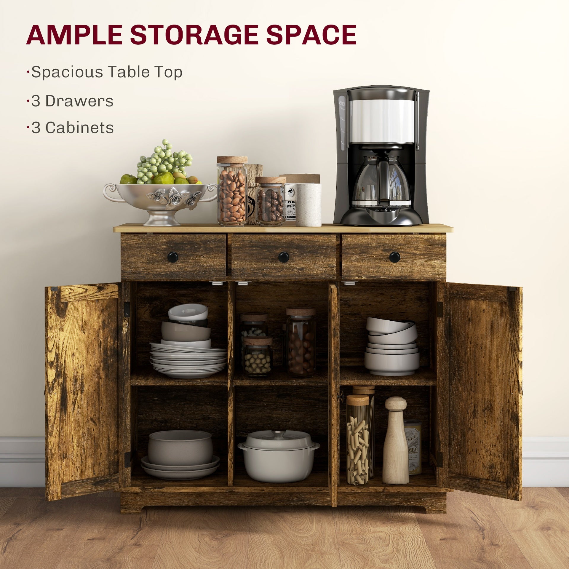 HOMCOM Kitchen Storage Cabinet, Sideboard Floor Cupboard with Solid Wood Top, Adjustable Shelf, and 3 Drawers, Brown