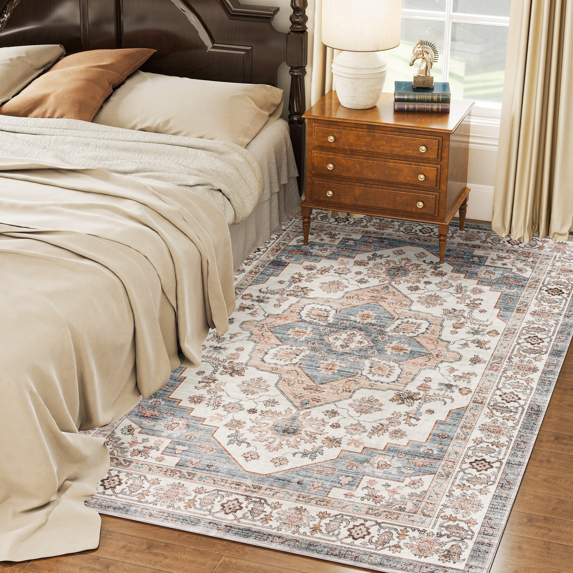 HOMCOM 5x7 Area Rug, Vintage Machine Washable Rug, Non-Slip Carpet for Living Room, Bedroom, Dining Room, Brown & Light Blue