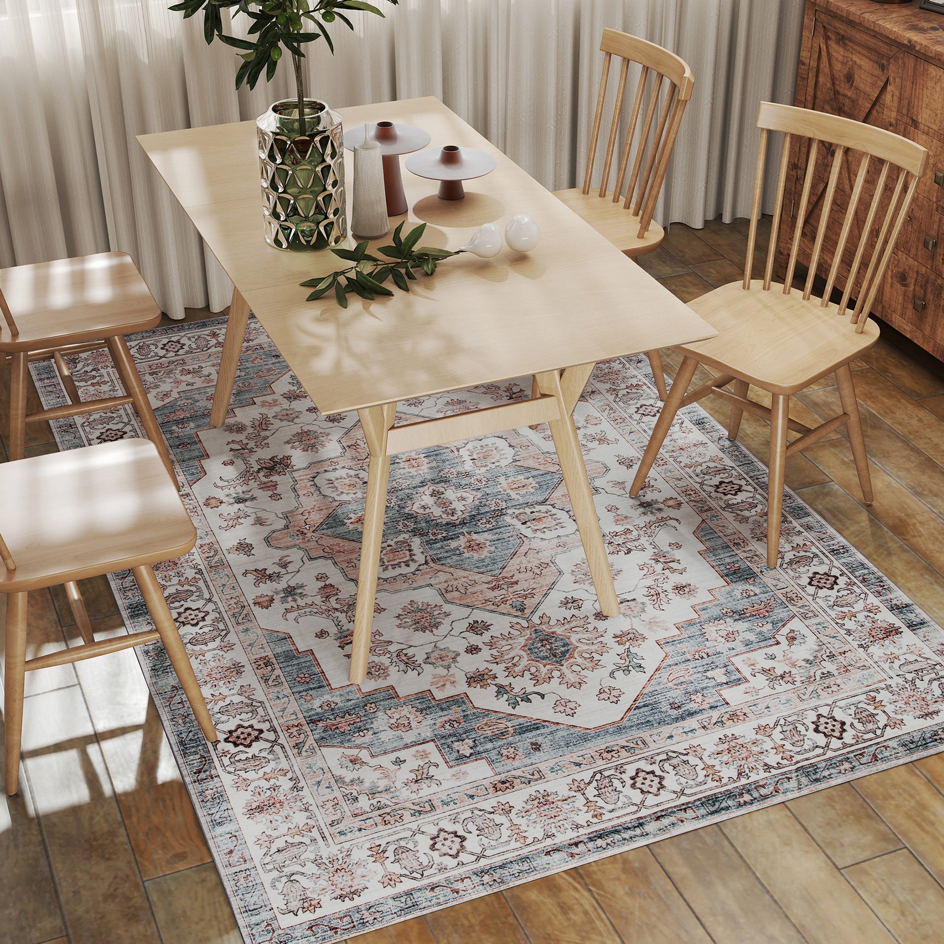 HOMCOM 5x7 Area Rug, Vintage Machine Washable Rug, Non-Slip Carpet for Living Room, Bedroom, Dining Room, Brown & Light Blue