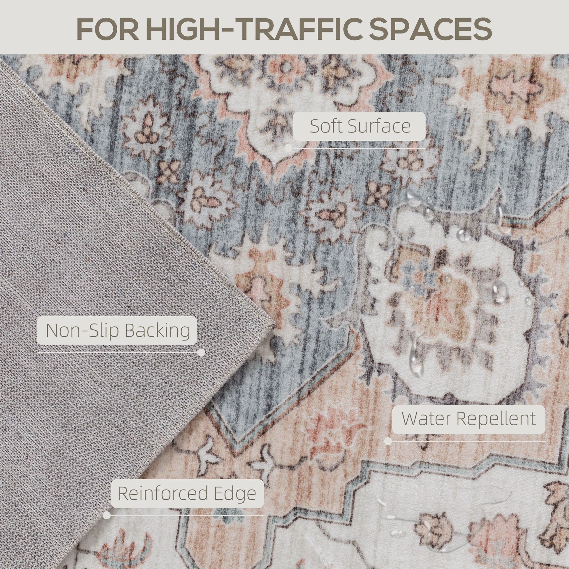 HOMCOM 5x7 Area Rug, Vintage Machine Washable Rug, Non-Slip Carpet for Living Room, Bedroom, Dining Room, Brown & Light Blue