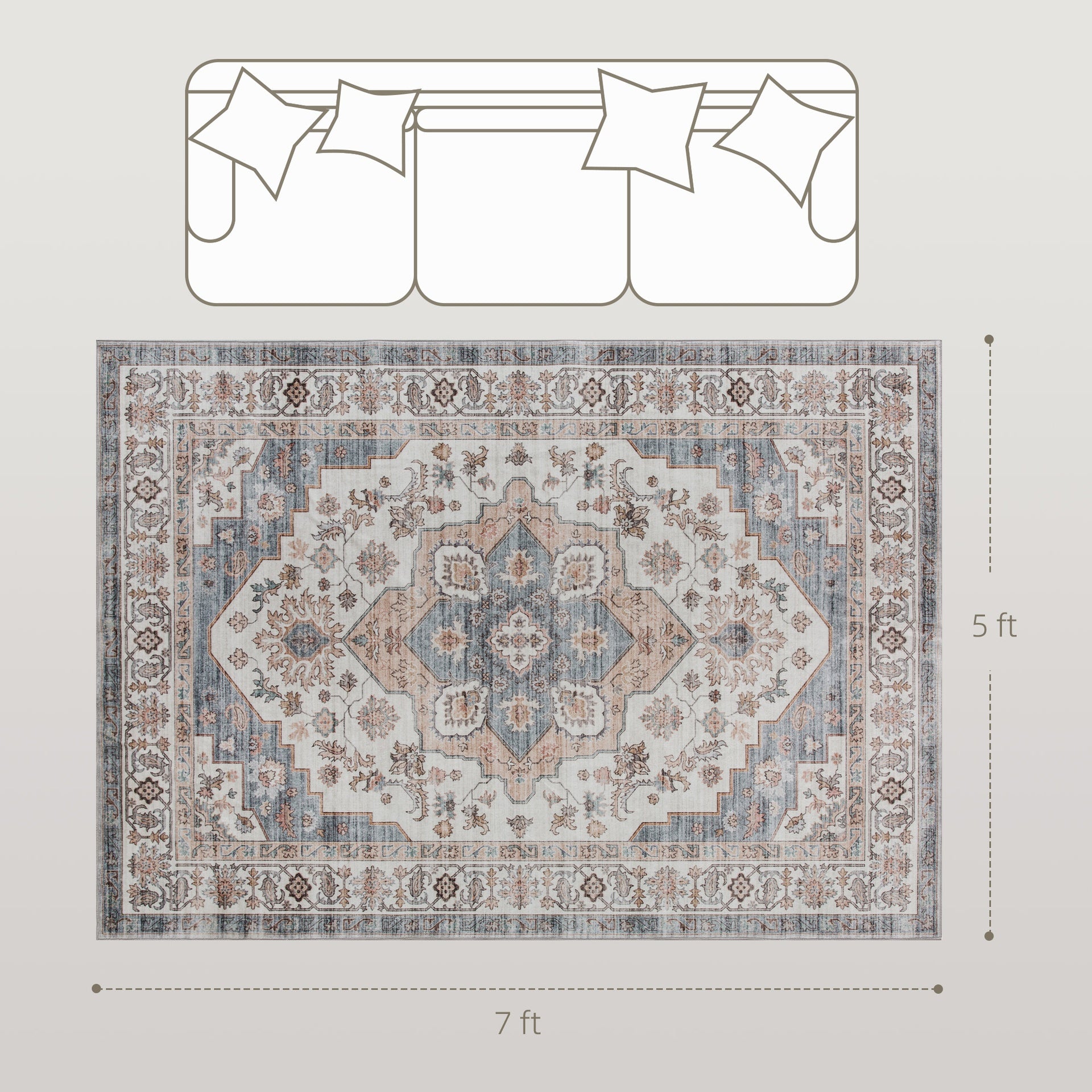 HOMCOM 5x7 Area Rug, Vintage Machine Washable Rug, Non-Slip Carpet for Living Room, Bedroom, Dining Room, Brown & Light Blue