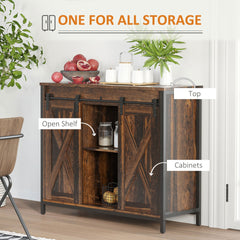 HOMCOM Industrial Sideboard Buffet Cabinet, Coffee Bar Cabinet, Kitchen Cabinet with Sliding Barn Doors, Storage Cabinets and Adjustable Shelves for Living Room, Home Bar, Rustic Brown