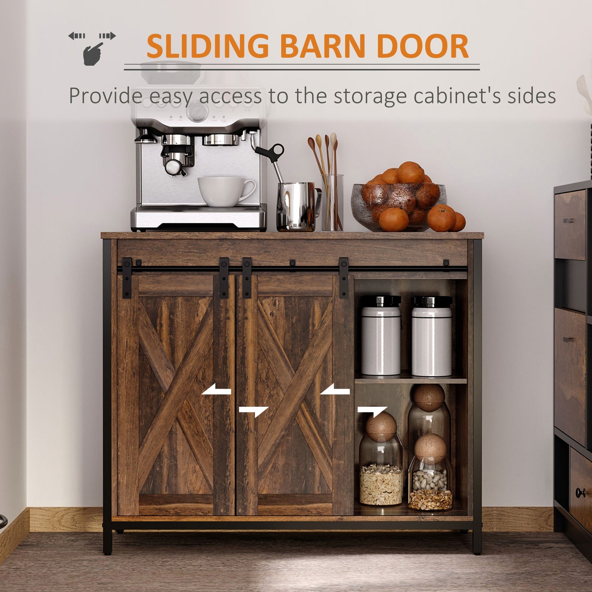 HOMCOM Industrial Sideboard Buffet Cabinet, Coffee Bar Cabinet, Kitchen Cabinet with Sliding Barn Doors, Storage Cabinets and Adjustable Shelves for Living Room, Home Bar, Rustic Brown