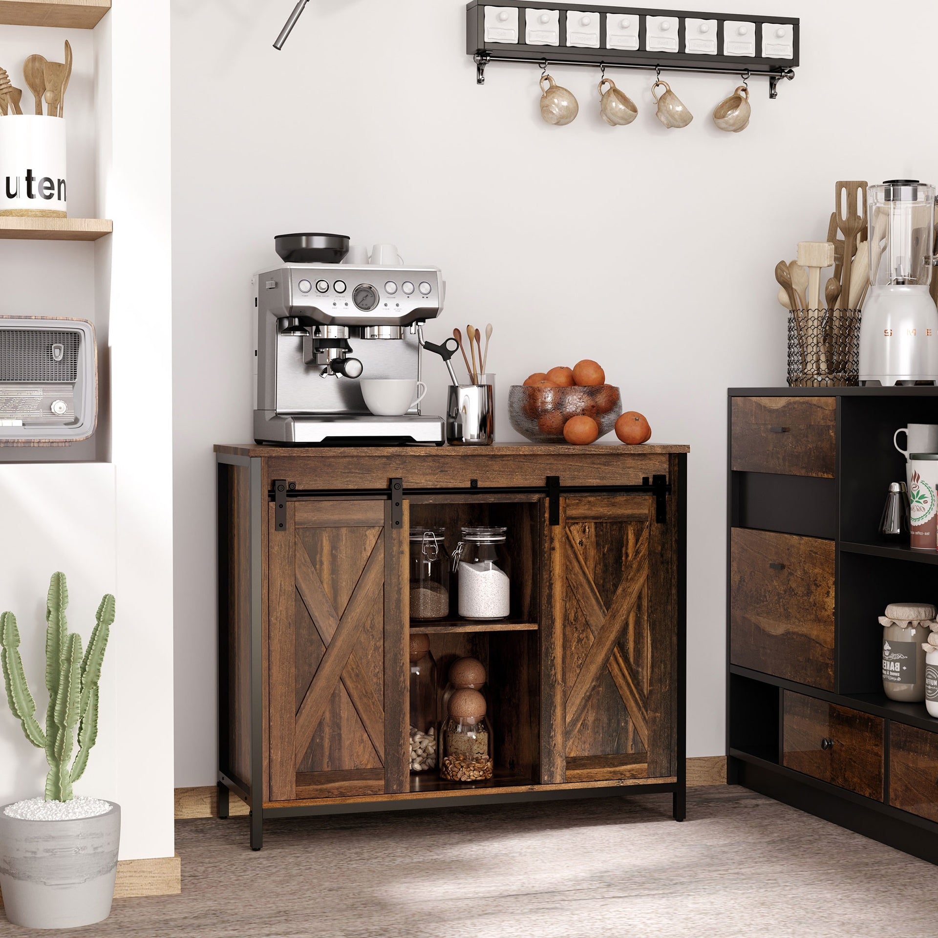 HOMCOM Industrial Sideboard Buffet Cabinet, Coffee Bar Cabinet, Kitchen Cabinet with Sliding Barn Doors, Storage Cabinets and Adjustable Shelves for Living Room, Home Bar, Rustic Brown