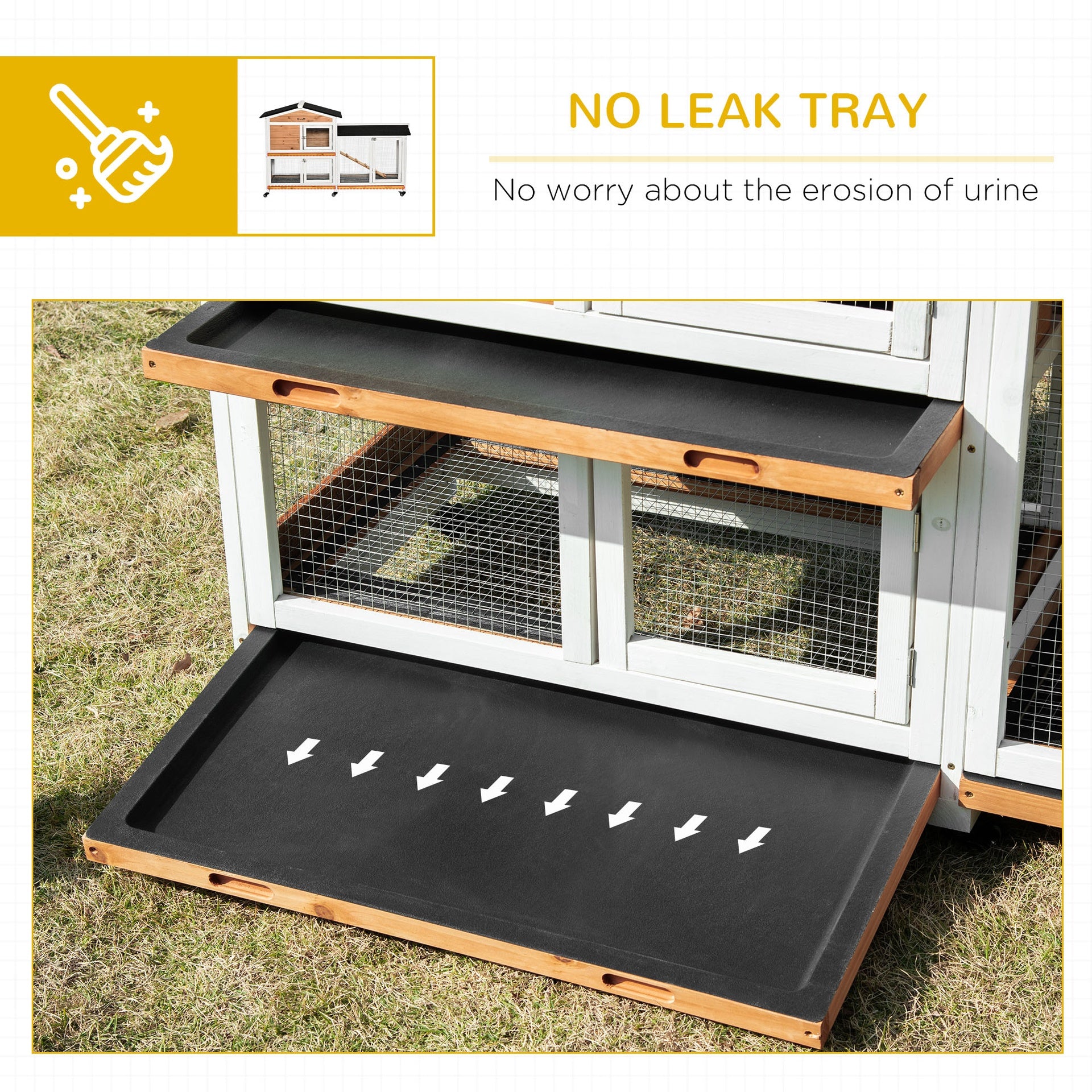 PawHut 62" Wooden Mobile Rabbit Hutch with Wheels, Run Box, Slide-out Tray, Ramp, Yellow