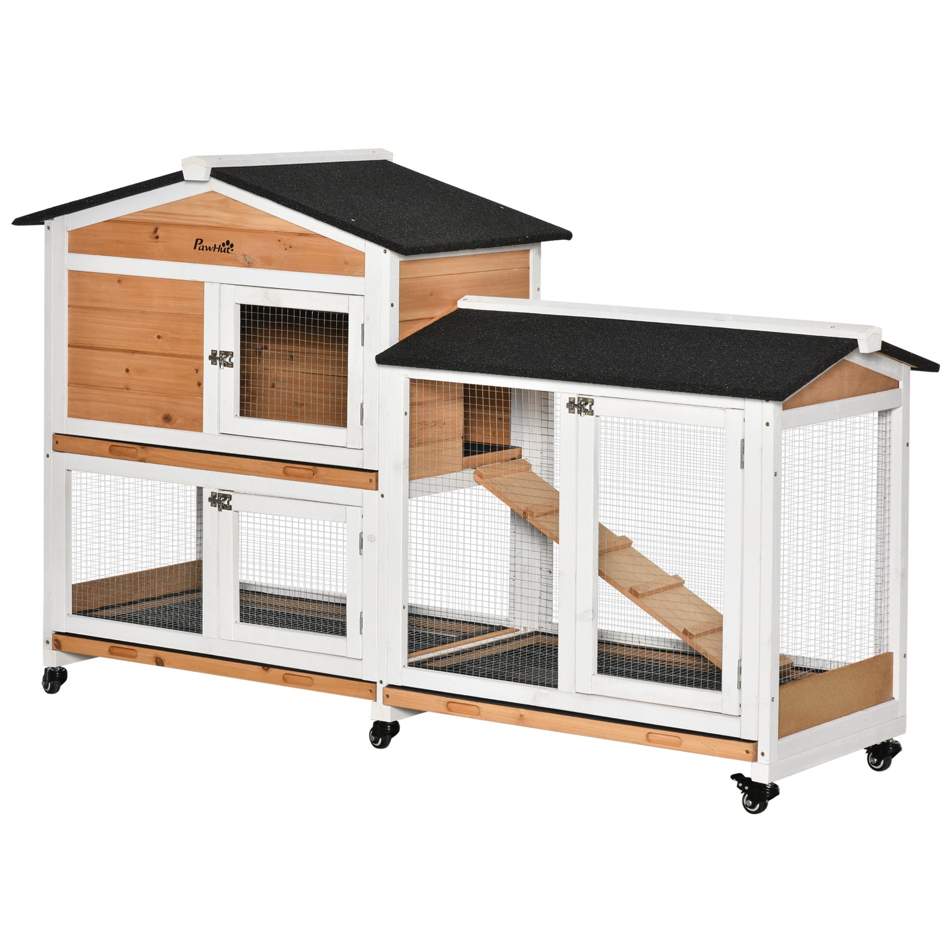 PawHut 62" Wooden Mobile Rabbit Hutch with Wheels, Run Box, Slide-out Tray, Ramp, Yellow