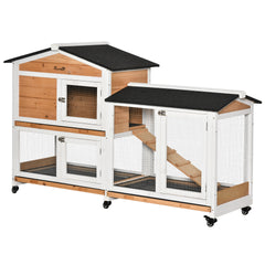 PawHut 62" Wooden Mobile Rabbit Hutch with Wheels, Run Box, Slide-out Tray, Ramp, Yellow