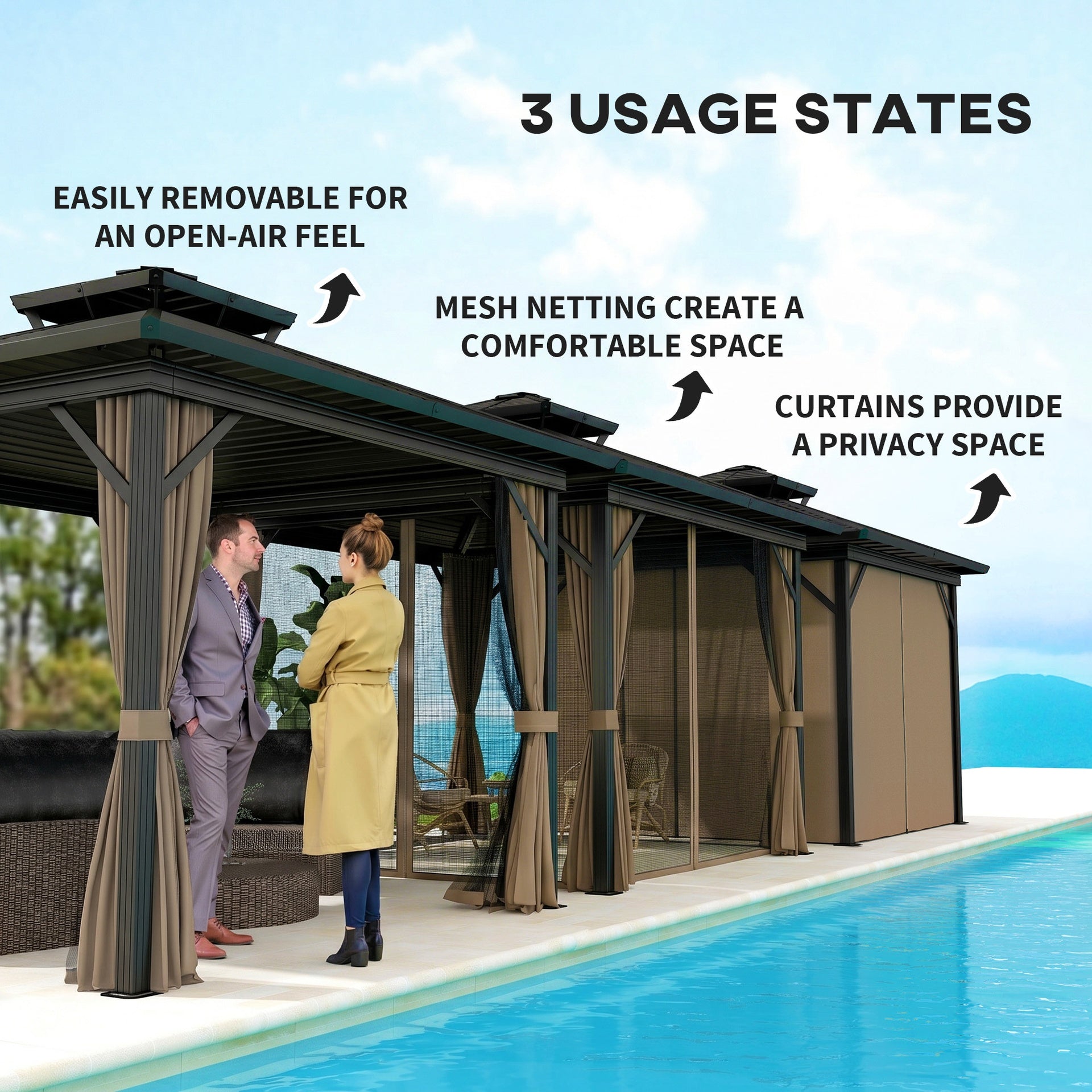 Outsunny 10' x 10' Hardtop Gazebo with Aluminum Frame, Metal Roof Gazebo Canopy w/ Hook, Curtains included, Dark Brown