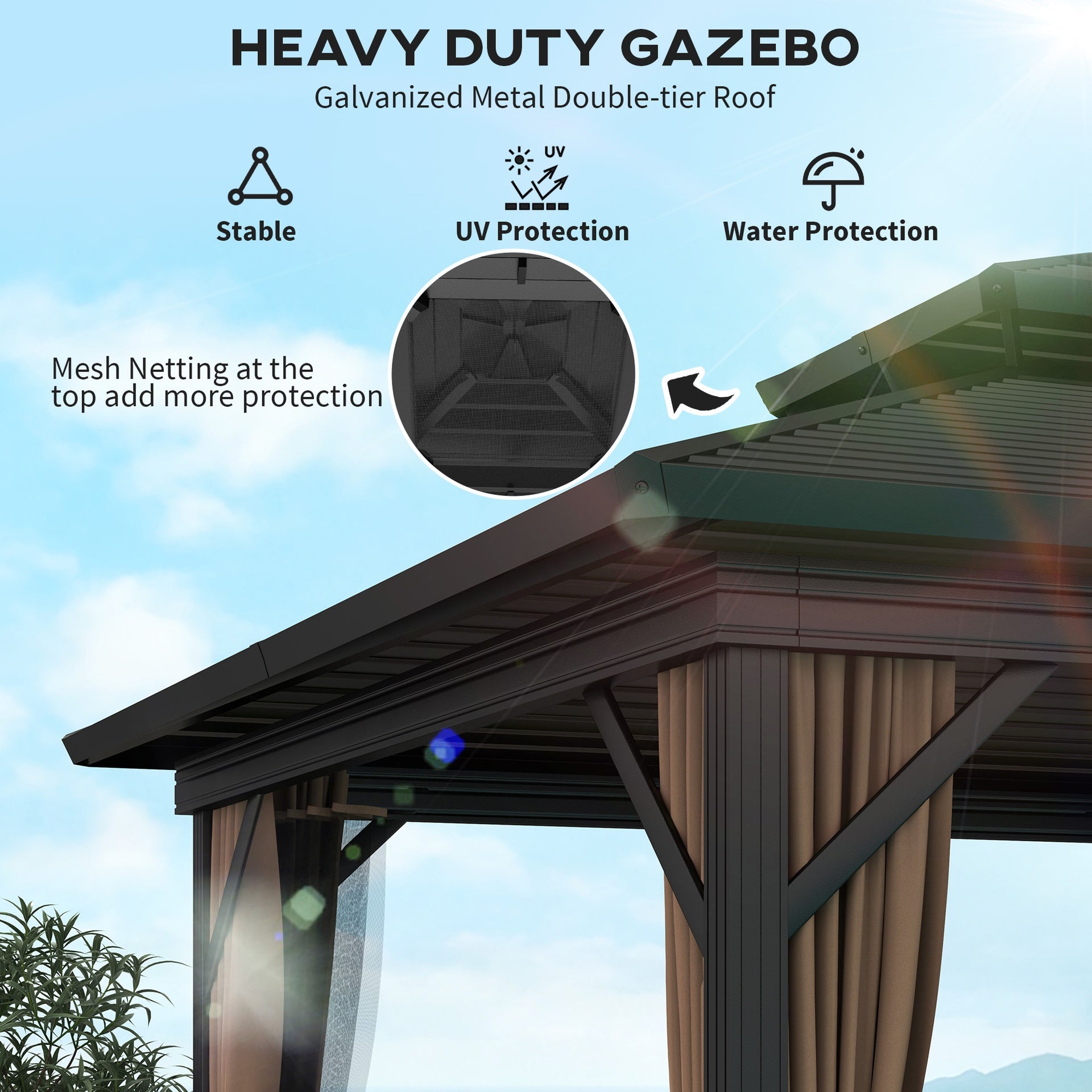 Outsunny 10' x 10' Hardtop Gazebo with Aluminum Frame, Metal Roof Gazebo Canopy w/ Hook, Curtains included, Dark Brown
