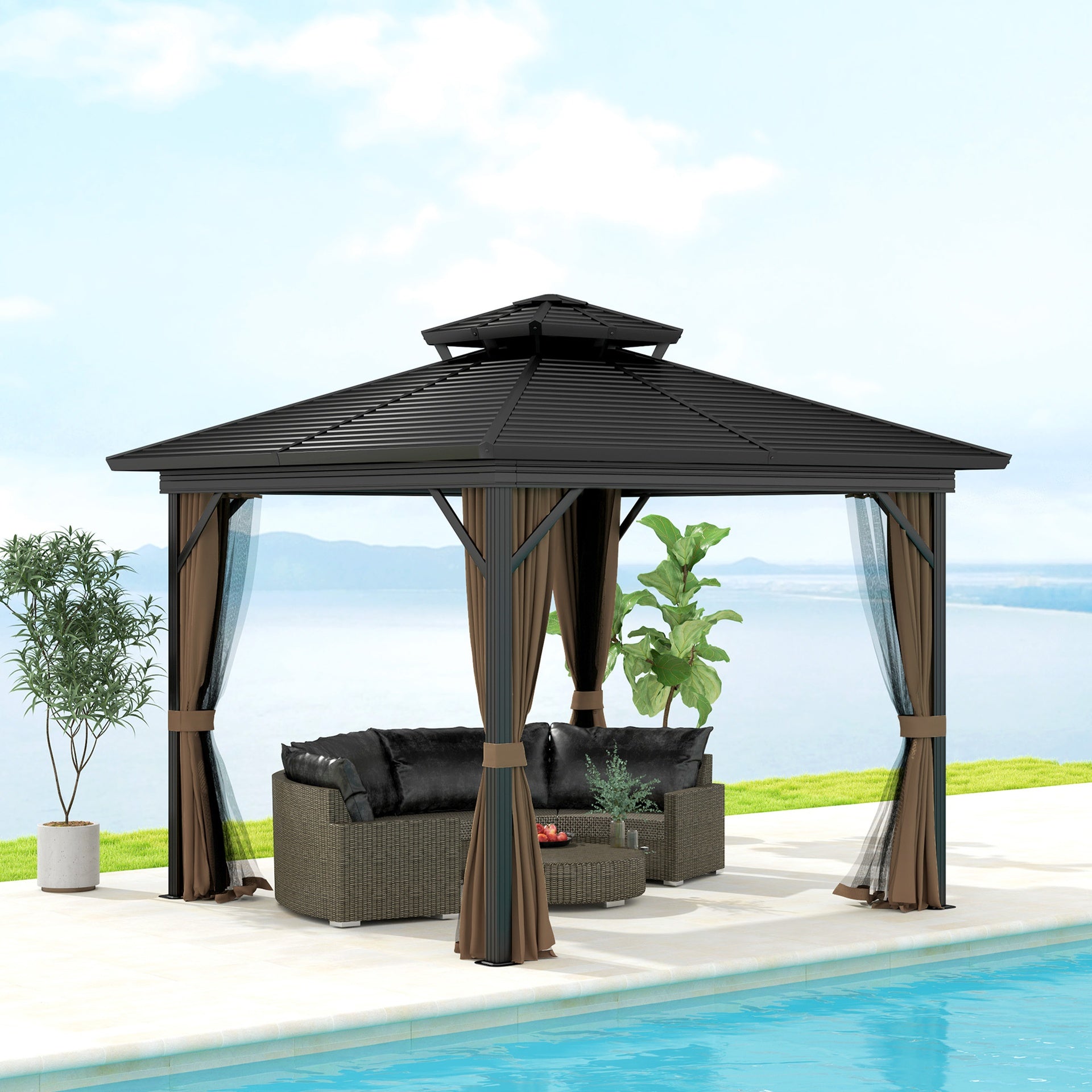 Outsunny 10' x 10' Hardtop Gazebo with Aluminum Frame, Metal Roof Gazebo Canopy w/ Hook, Curtains included, Dark Brown