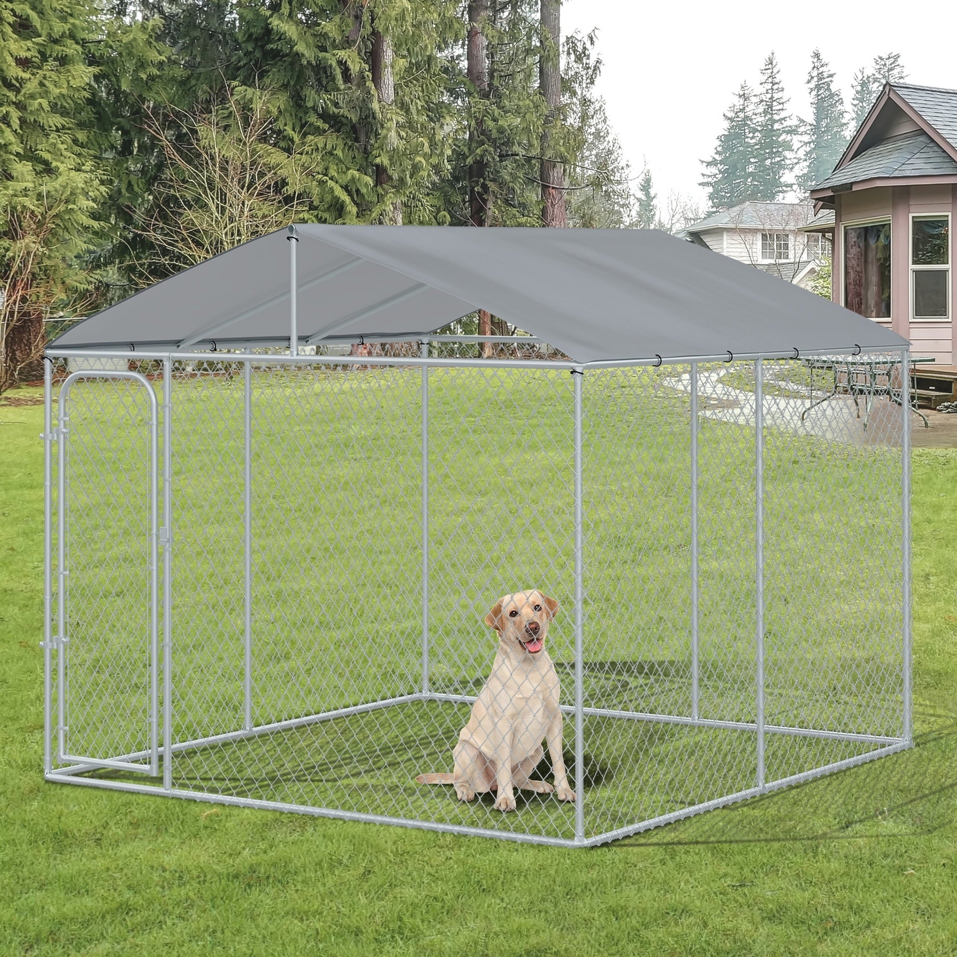 PawHut Outdoor Dog Kennel Galvanized Steel Fence with Cover Secure Lock Mesh Sidewalls for Backyard 9.8' x 9.8' x 7.7'
