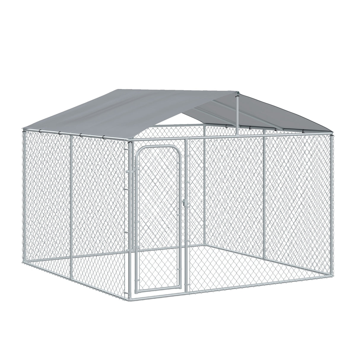 PawHut Outdoor Dog Kennel Galvanized Steel Fence with Cover Secure Lock Mesh Sidewalls for Backyard 9.8' x 9.8' x 7.7'