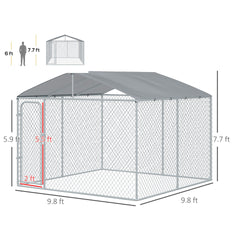 PawHut Outdoor Dog Kennel Galvanized Steel Fence with Cover Secure Lock Mesh Sidewalls for Backyard 9.8' x 9.8' x 7.7'