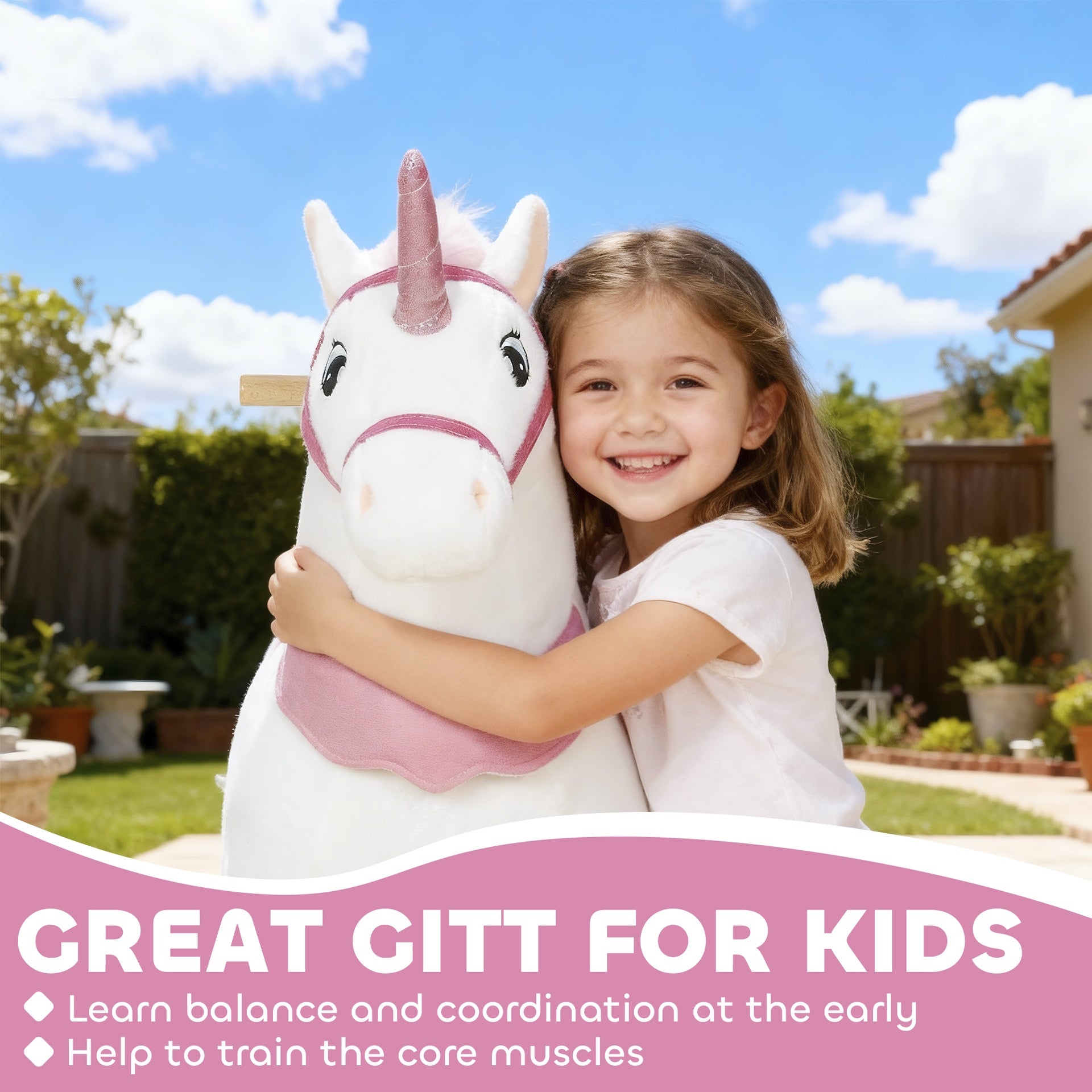 Qaba Ride on Unicorn Toy for Kids 4-7 Years, 37.8 Inch Plush Baby Rocking Horse with Wheels, No Battery Required, White