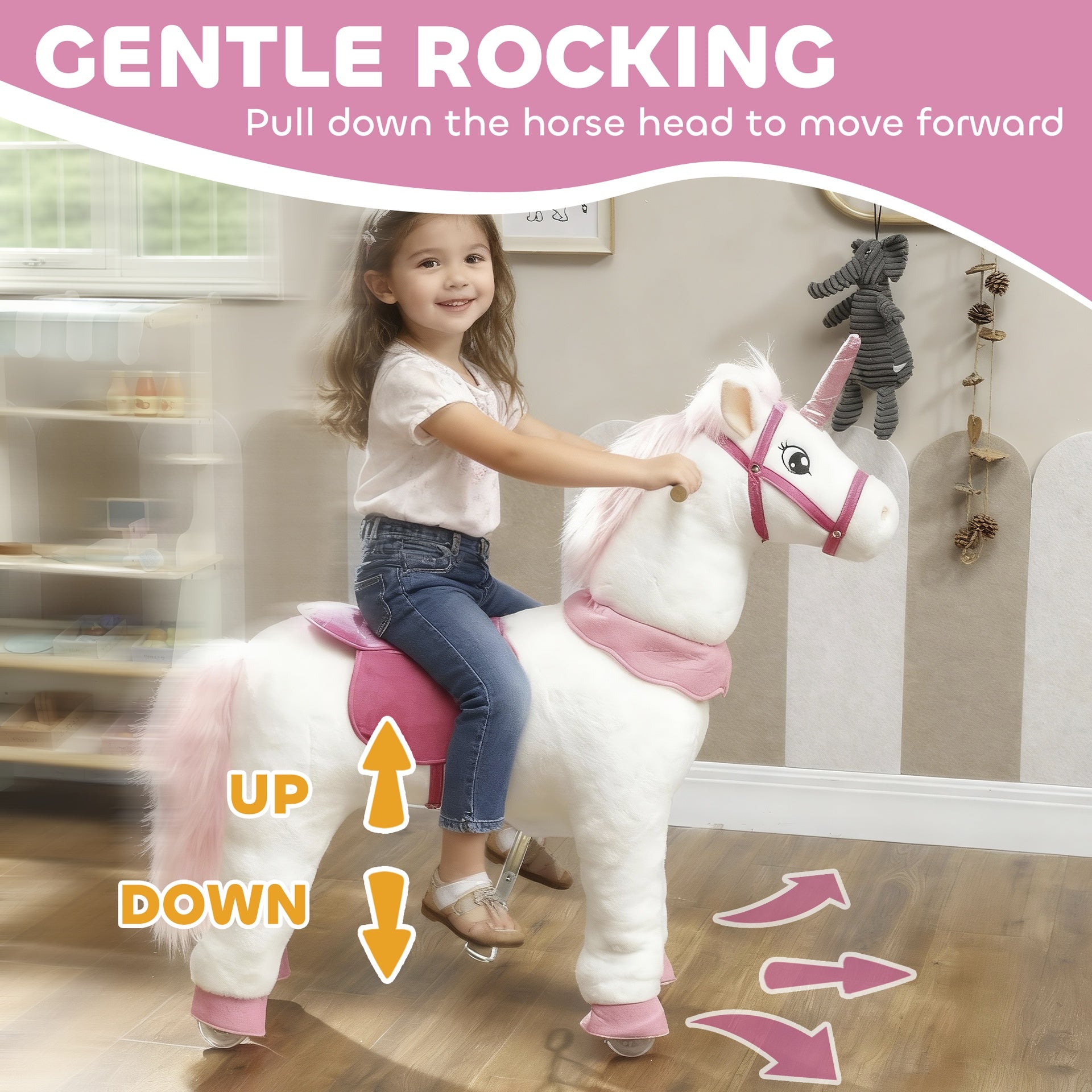 Qaba Ride on Unicorn Toy for Kids 4-7 Years, 37.8 Inch Plush Baby Rocking Horse with Wheels, No Battery Required, White