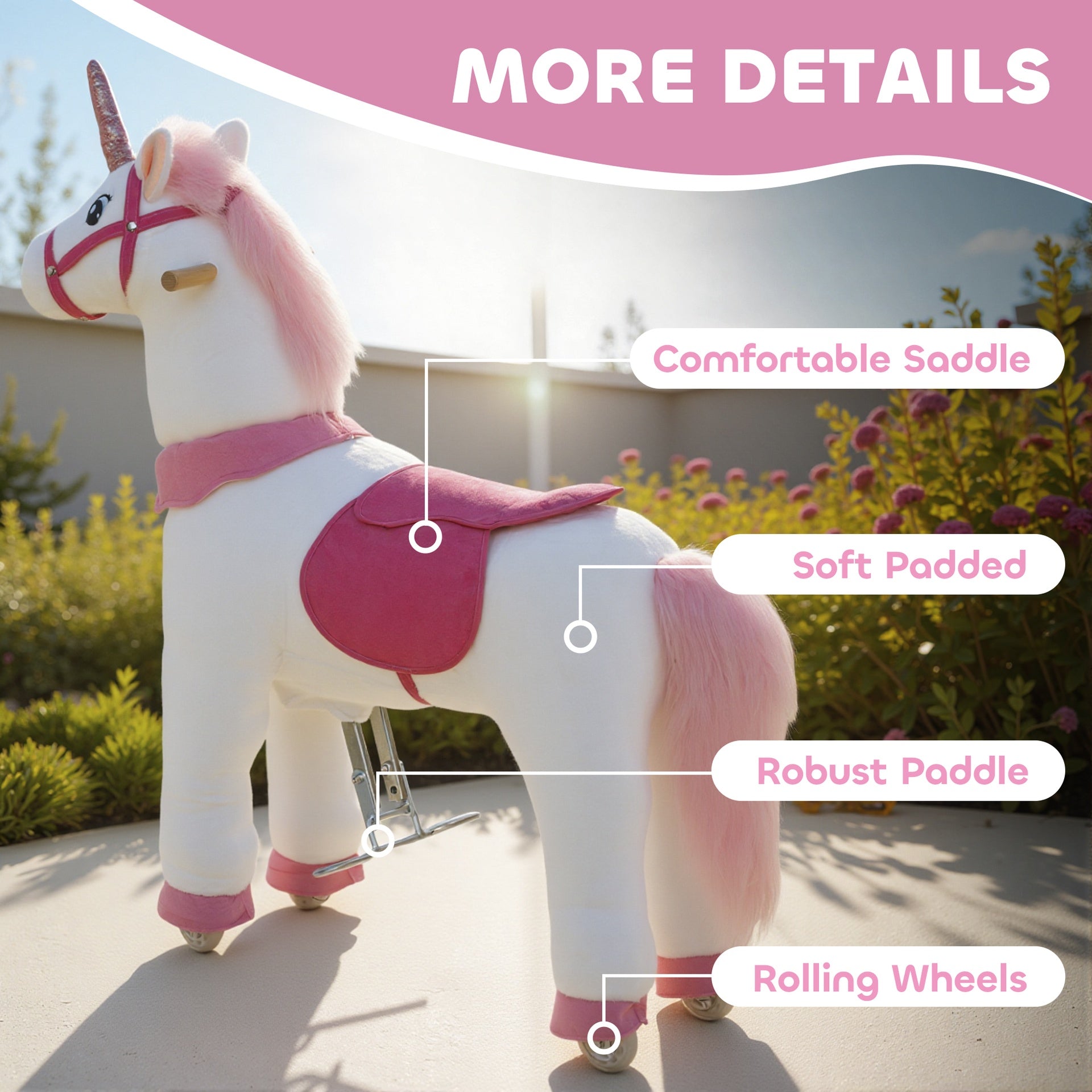 Qaba Ride on Unicorn Toy for Kids 4-7 Years, 37.8 Inch Plush Baby Rocking Horse with Wheels, No Battery Required, White