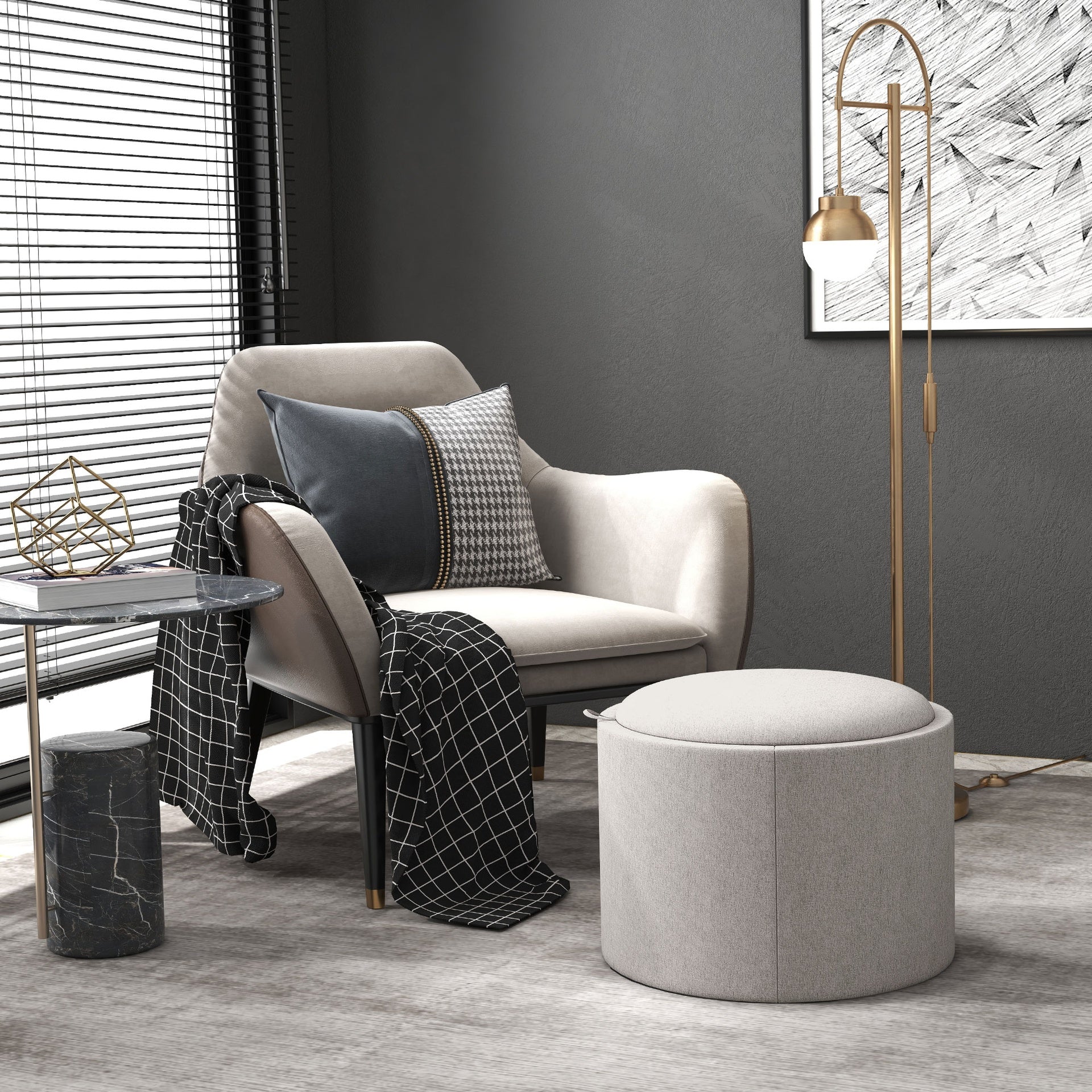 HOMCOM Round Storage Ottoman Coffee Table with Flip Top Tray, Linen Fabric Upholstered Footstool with Hidden Compartment