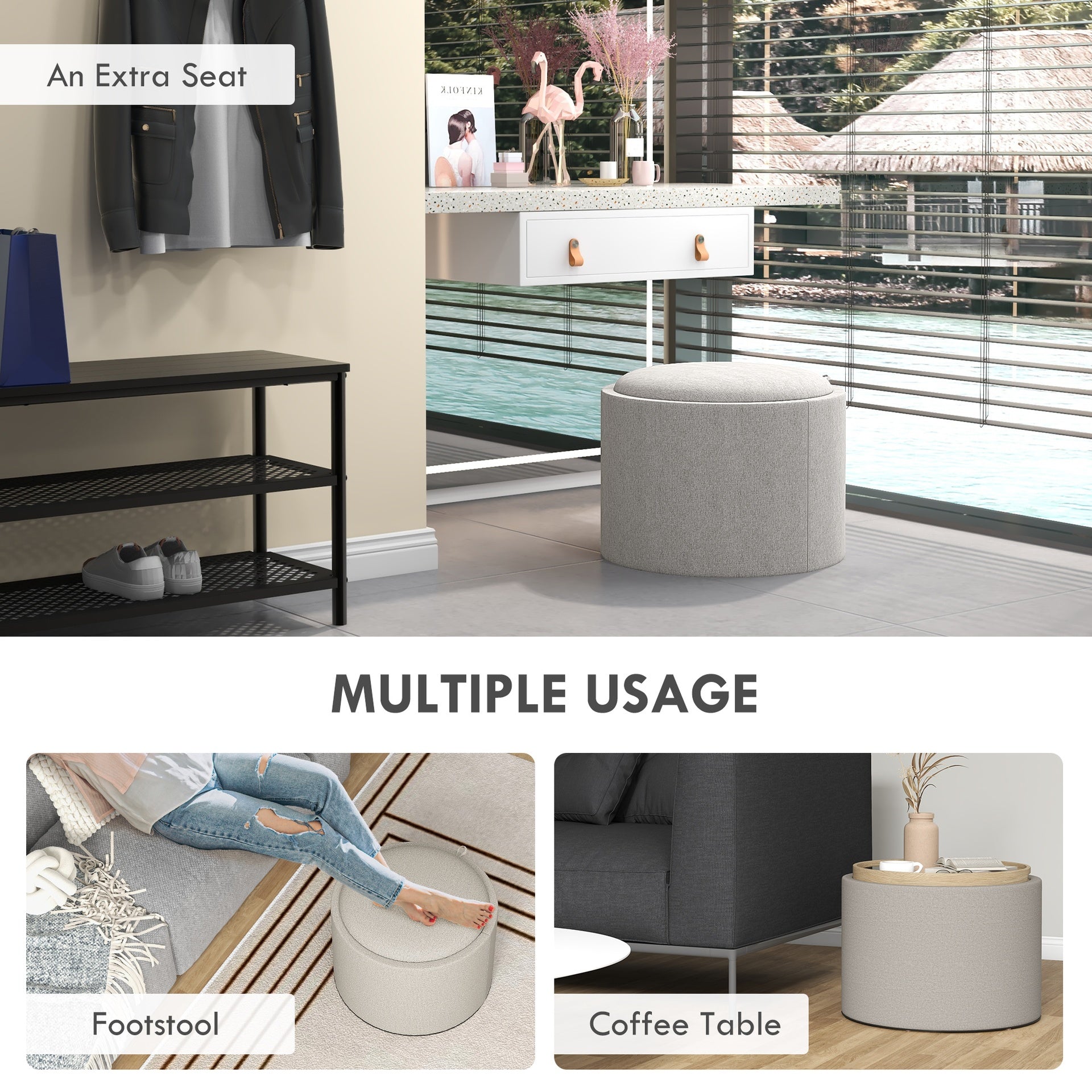 HOMCOM Round Storage Ottoman Coffee Table with Flip Top Tray, Linen Fabric Upholstered Footstool with Hidden Compartment