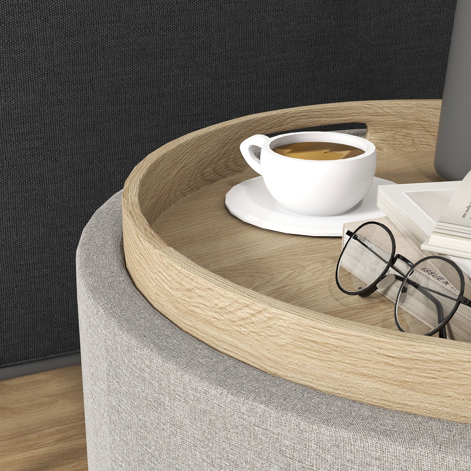 HOMCOM Round Storage Ottoman Coffee Table with Flip Top Tray, Linen Fabric Upholstered Footstool with Hidden Compartment