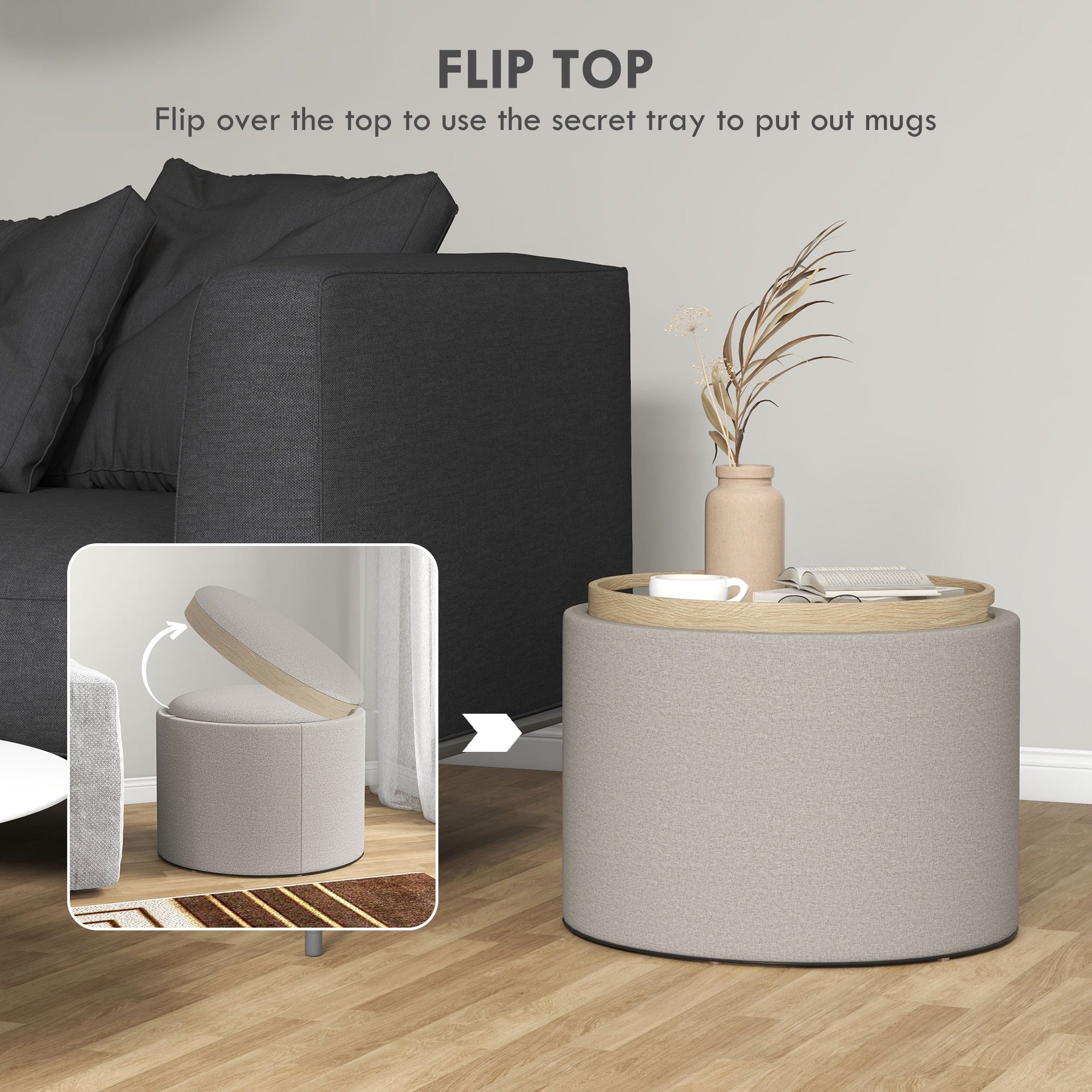 HOMCOM Round Storage Ottoman Coffee Table with Flip Top Tray, Linen Fabric Upholstered Footstool with Hidden Compartment