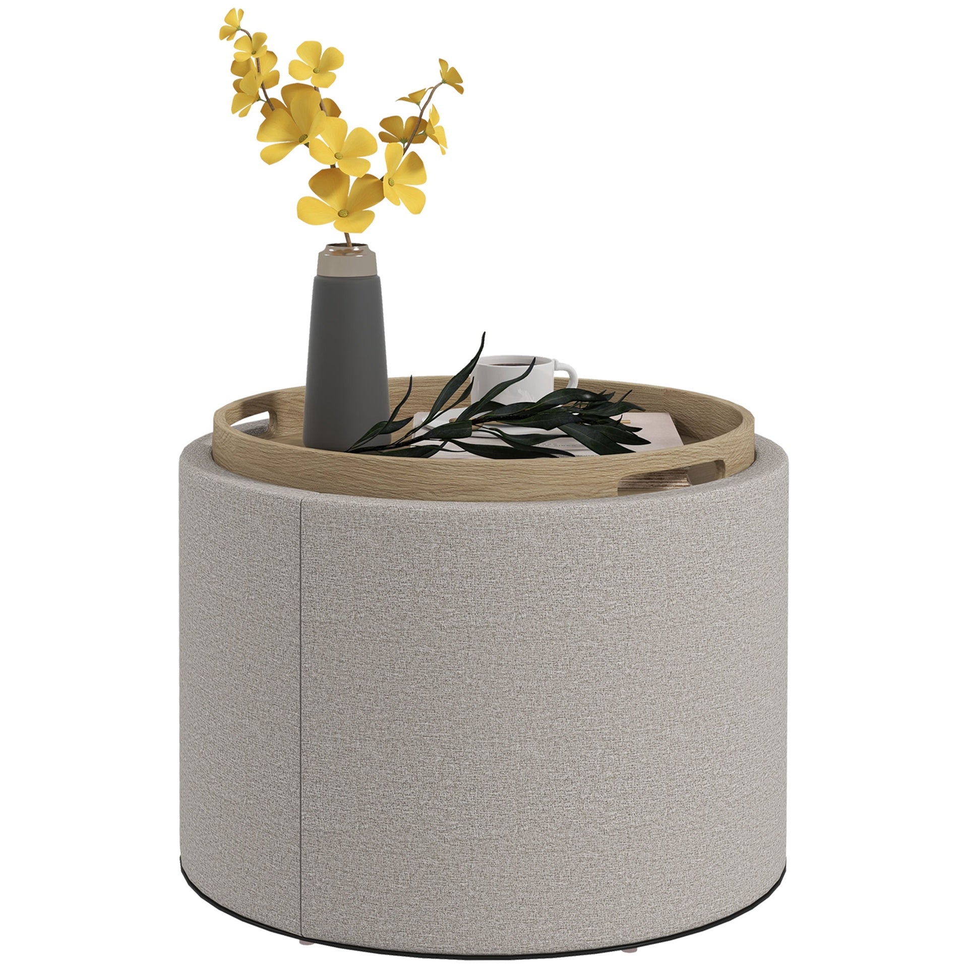 HOMCOM Round Storage Ottoman Coffee Table with Flip Top Tray, Linen Fabric Upholstered Footstool with Hidden Compartment