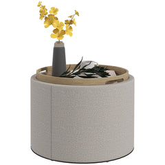 HOMCOM Round Storage Ottoman Coffee Table with Flip Top Tray, Linen Fabric Upholstered Footstool with Hidden Compartment