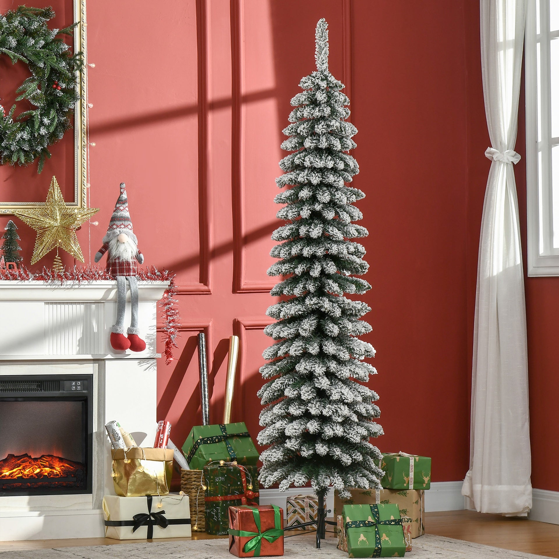 HOMCOM 6' Tall Unlit Slim Pencil Xmas Tree, Snow Flocked Artificial Christmas Tree with Realistic Branches and 603 Tips, Green