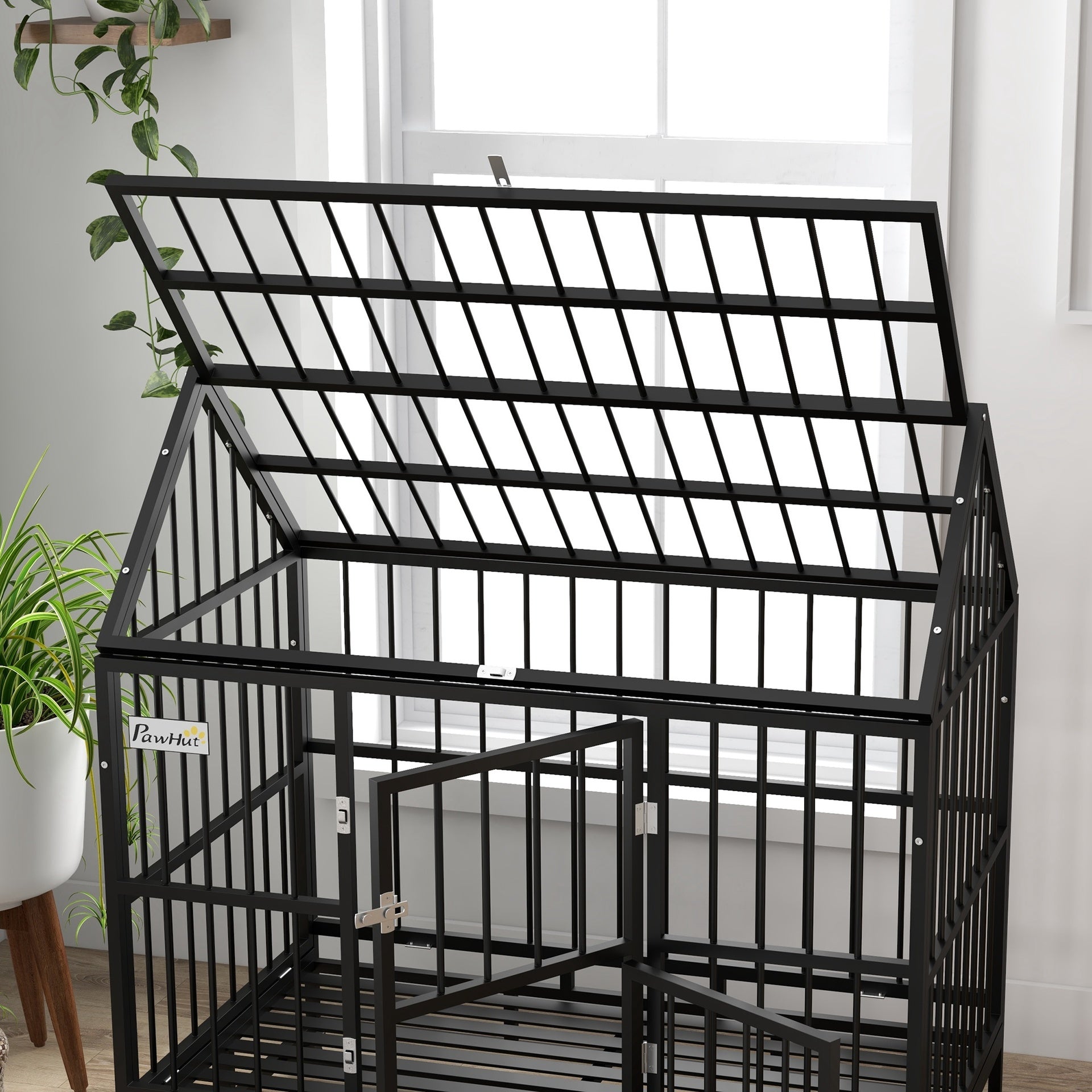 PawHut 48" Heavy Duty Dog Crate with 4 Lockable Wheels, Double Doors, and Removable Tray, for XL and L Dogs