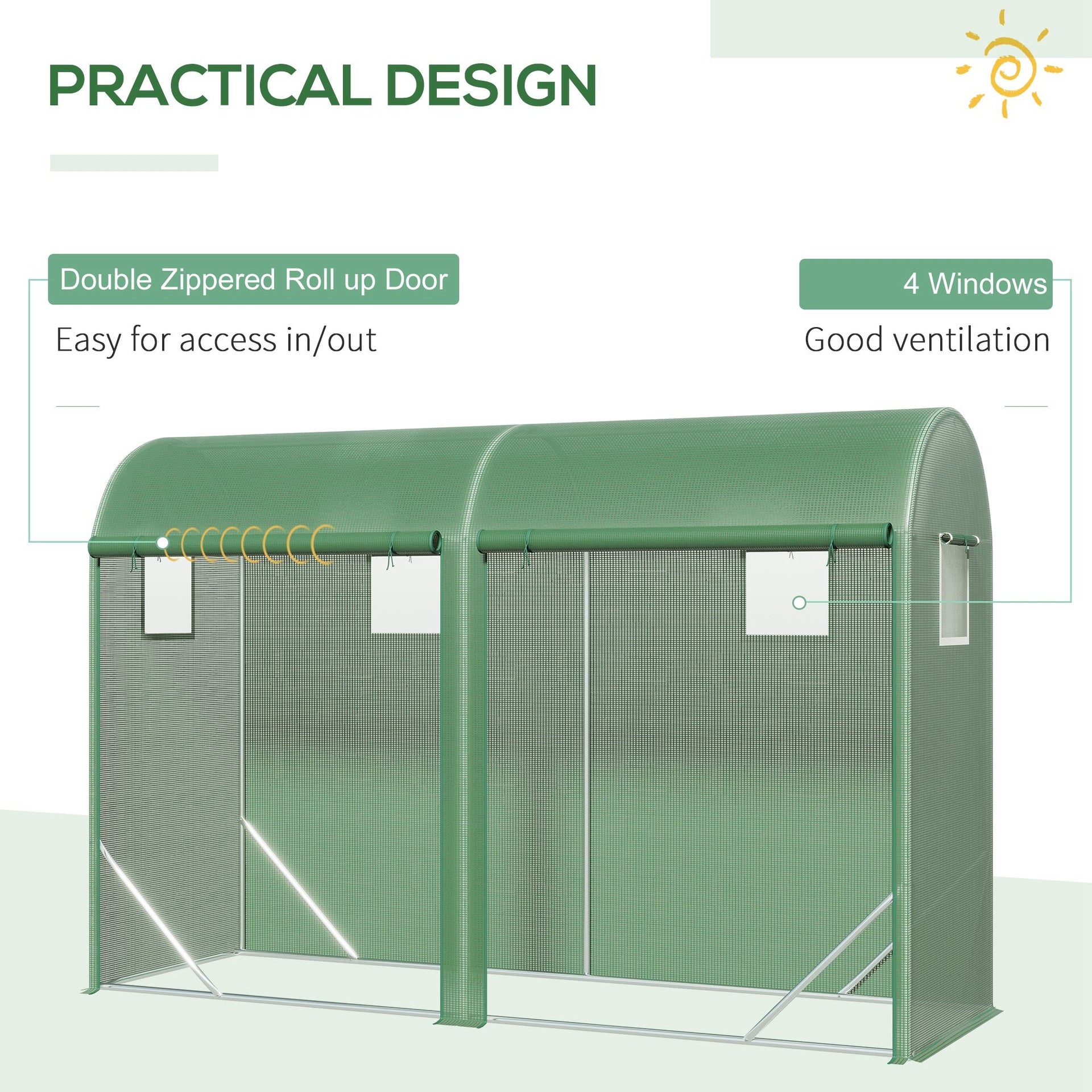 Outsunny 10' x 3' x 7' Walk-in Lean-to Greenhouse, Steel, 4 Zipper Roll-up Windows & 2 Doors, UV Protecting PE Cover for Growing Flowers, Vegetables, Tropical Plants, Saplings, Succulents, Green