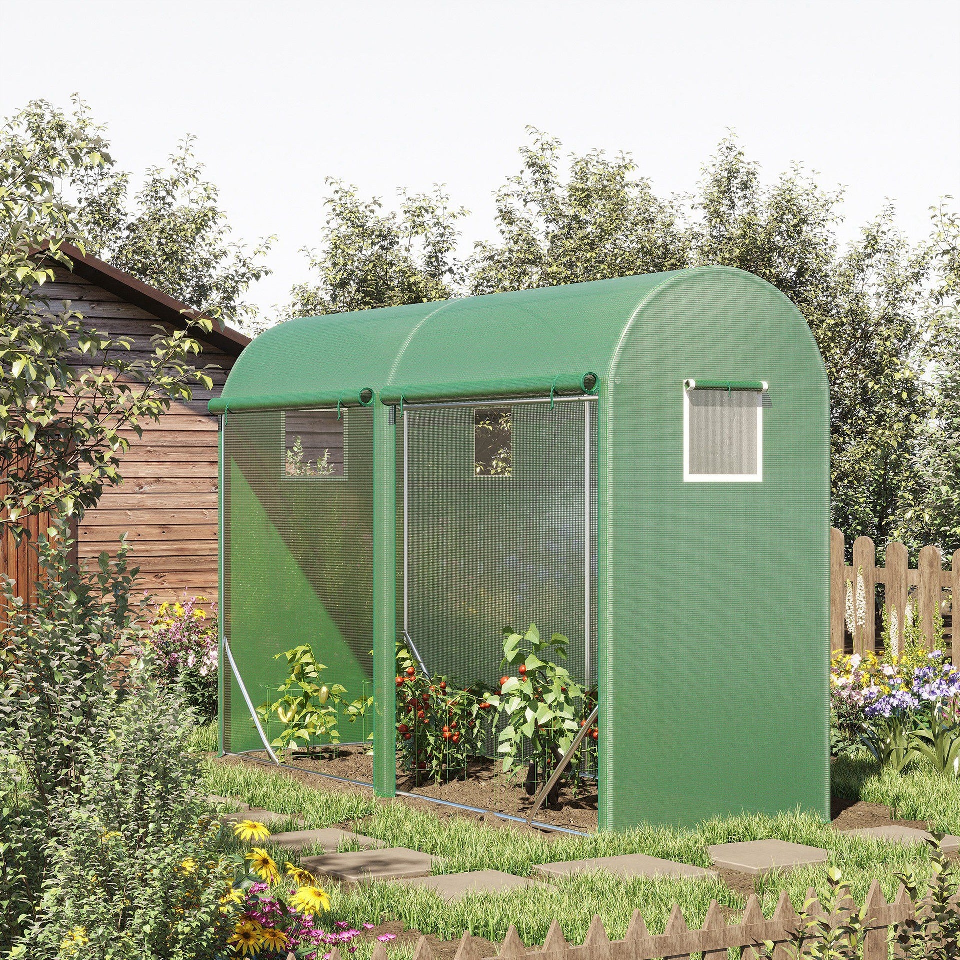 Outsunny 10' x 3' x 7' Walk-in Lean-to Greenhouse, Steel, 4 Zipper Roll-up Windows & 2 Doors, UV Protecting PE Cover for Growing Flowers, Vegetables, Tropical Plants, Saplings, Succulents, Green