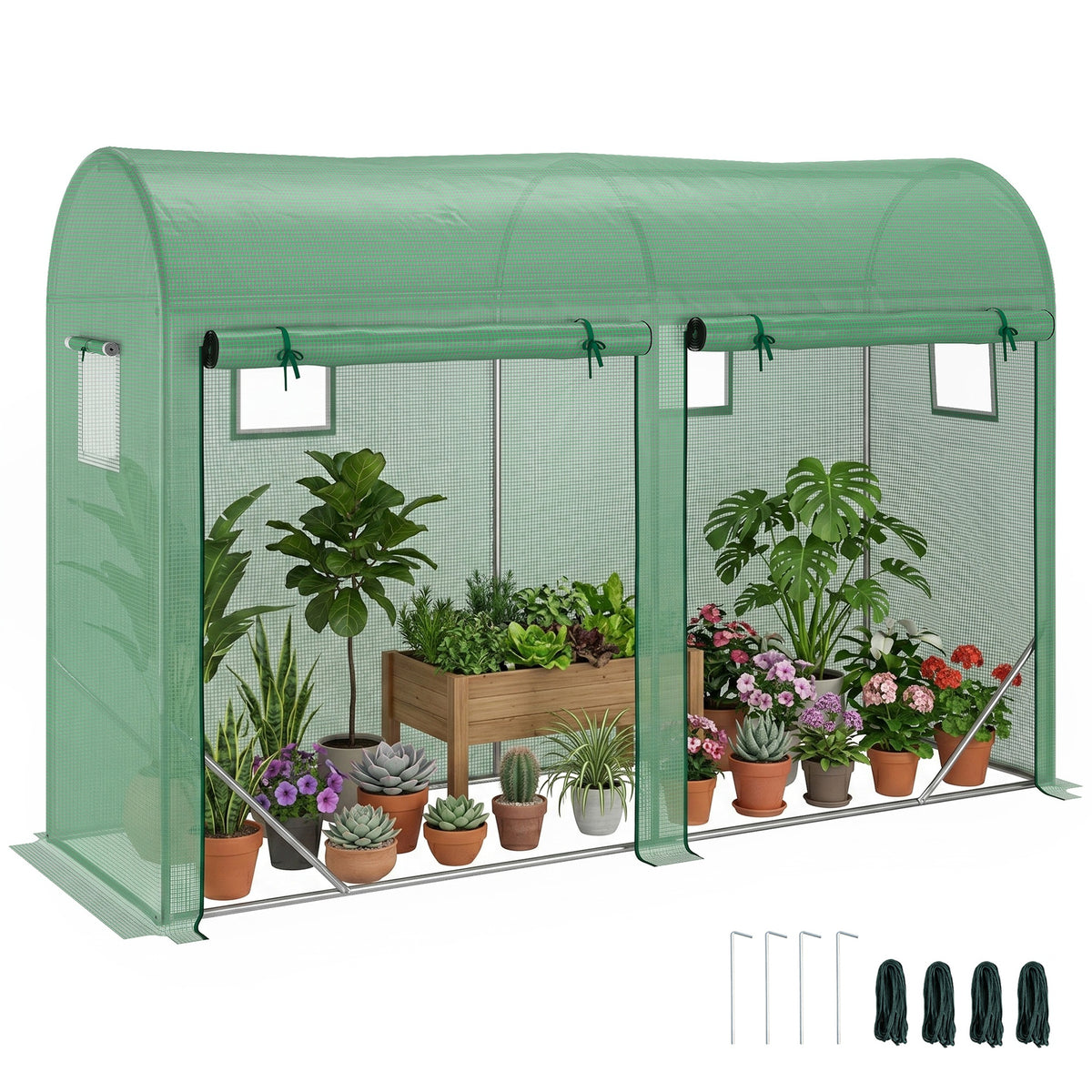 Outsunny 10' x 3' x 7' Walk-in Lean-to Greenhouse, Steel, 4 Zipper Roll-up Windows & 2 Doors, UV Protecting PE Cover for Growing Flowers, Vegetables, Tropical Plants, Saplings, Succulents, Green