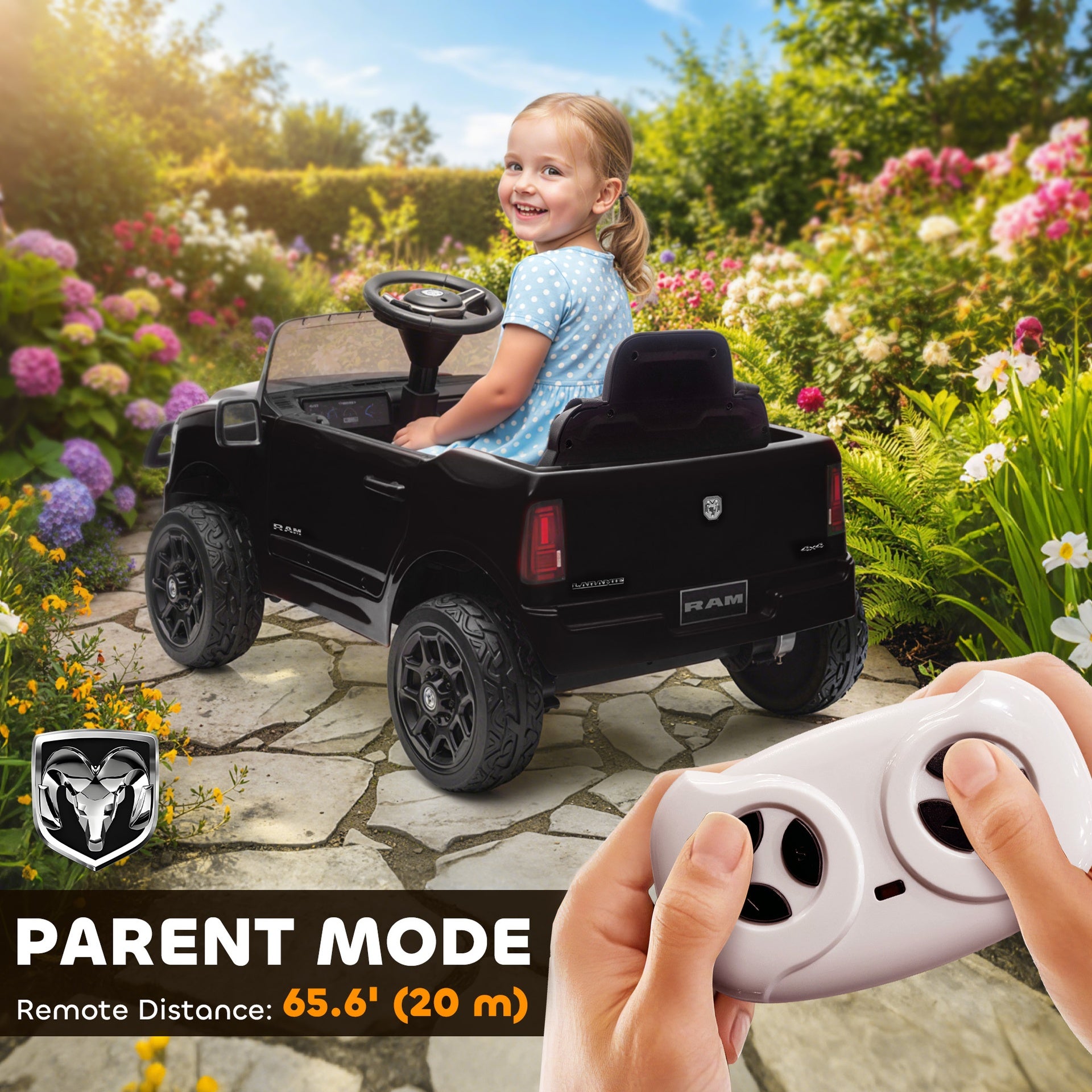 Qaba 12V Kids Ride on Car, Licensed Dodge RAM 3500 Ride on Toys with Dual Motors, Remote Control for Toddlers, Black