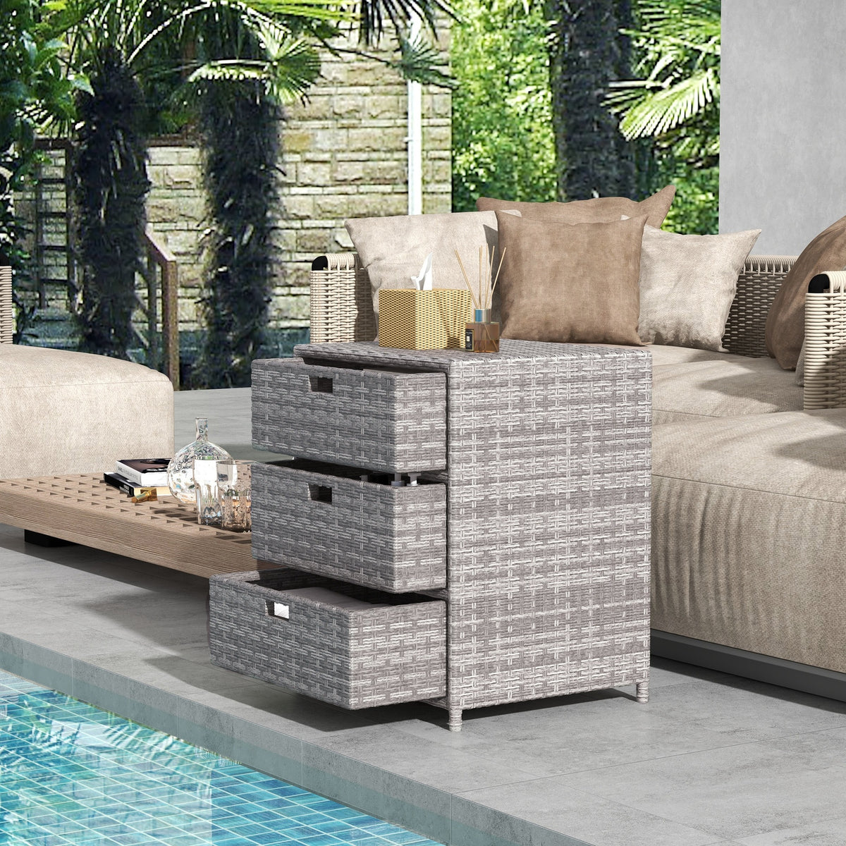 Outsunny Patio PE Rattan Storage Cabinet, Wicker Pool Cabinet Organizer, Outdoor Towel Rack for Pool with 3 Drawers, Gray