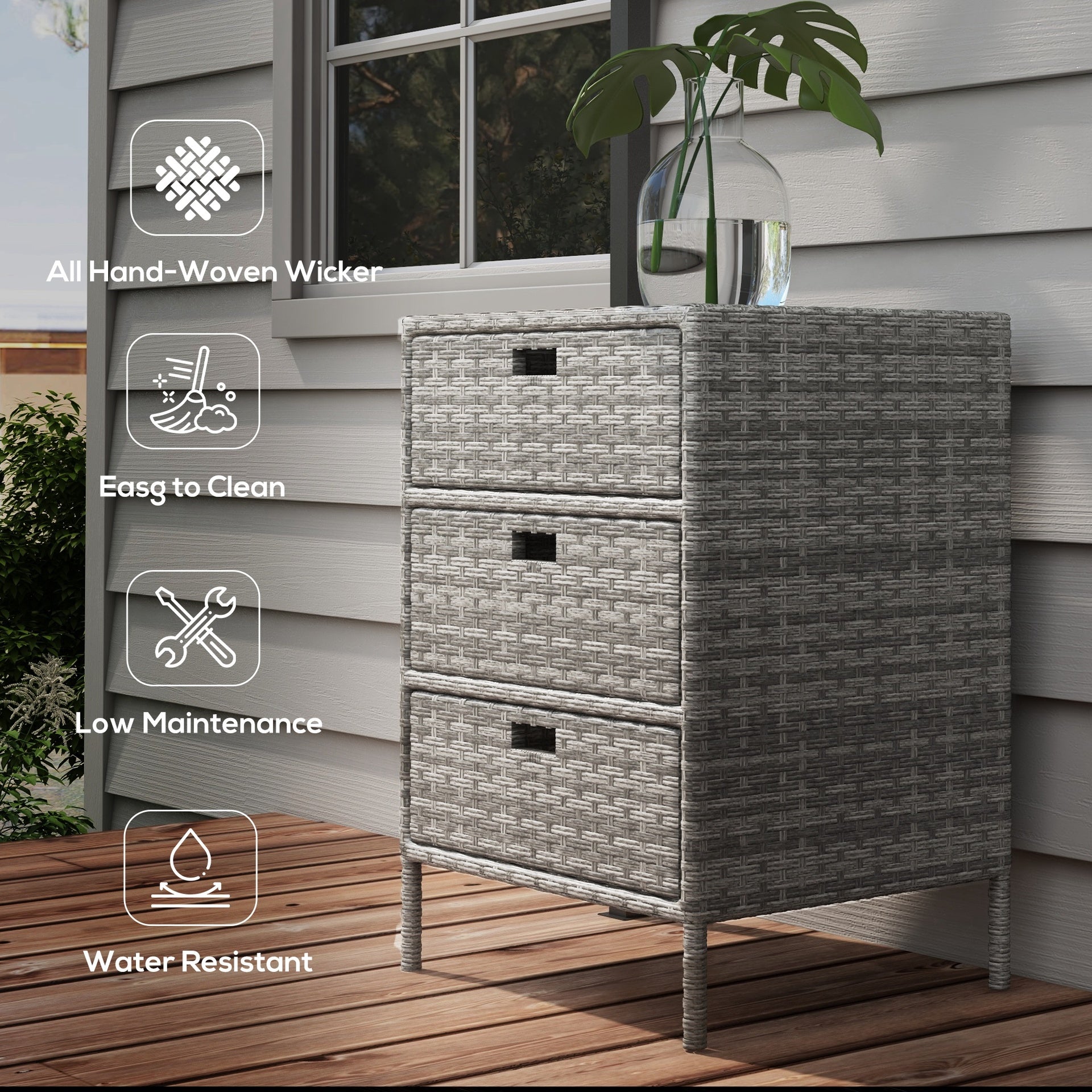 Outsunny Patio PE Rattan Storage Cabinet, Wicker Pool Cabinet Organizer, Outdoor Towel Rack for Pool with 3 Drawers, Gray