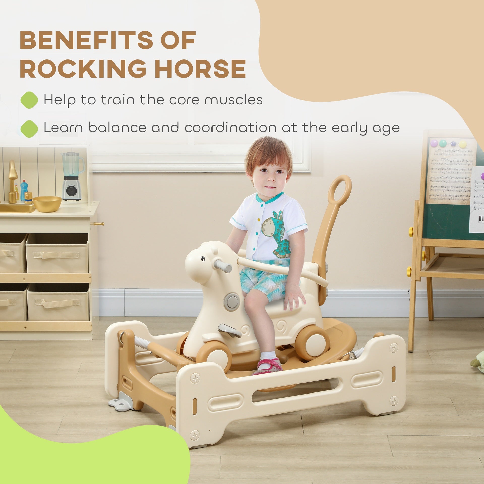 Qaba 5 in 1 Kids Rocking Horse with Detachable Base, Safety Guardrails, Footrests, Push Handle for Ages 1-3, Brown