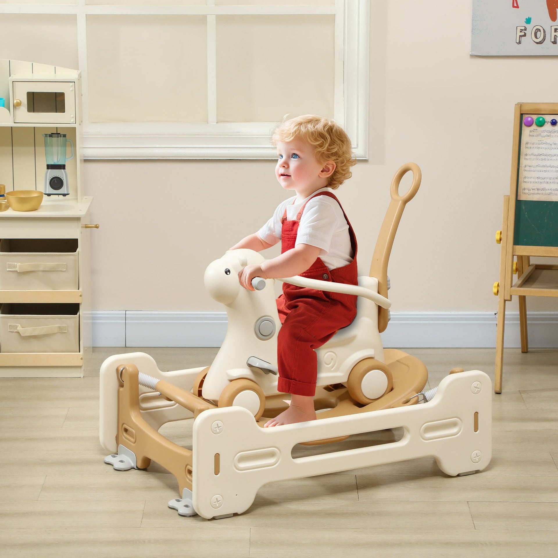 Qaba 5 in 1 Kids Rocking Horse with Detachable Base, Safety Guardrails, Footrests, Push Handle for Ages 1-3, Brown