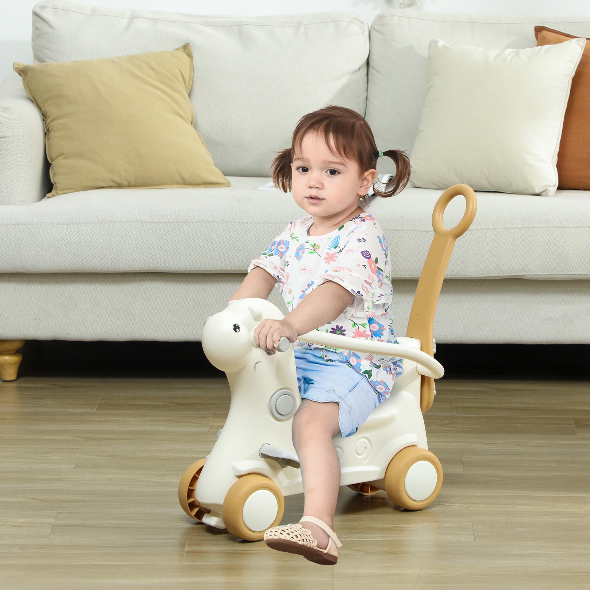 Qaba 5 in 1 Kids Rocking Horse with Detachable Base, Safety Guardrails, Footrests, Push Handle for Ages 1-3, Brown