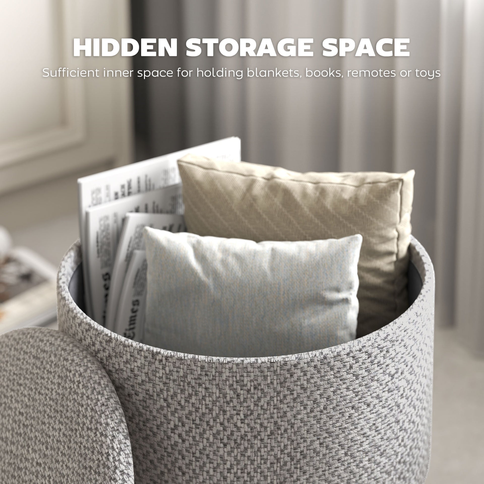 HOMCOM Round Ottoman Stool with Storage, Linen Upholstered Foot Stool with Padded Seat, Hidden Space and Wood Legs, Light Gray