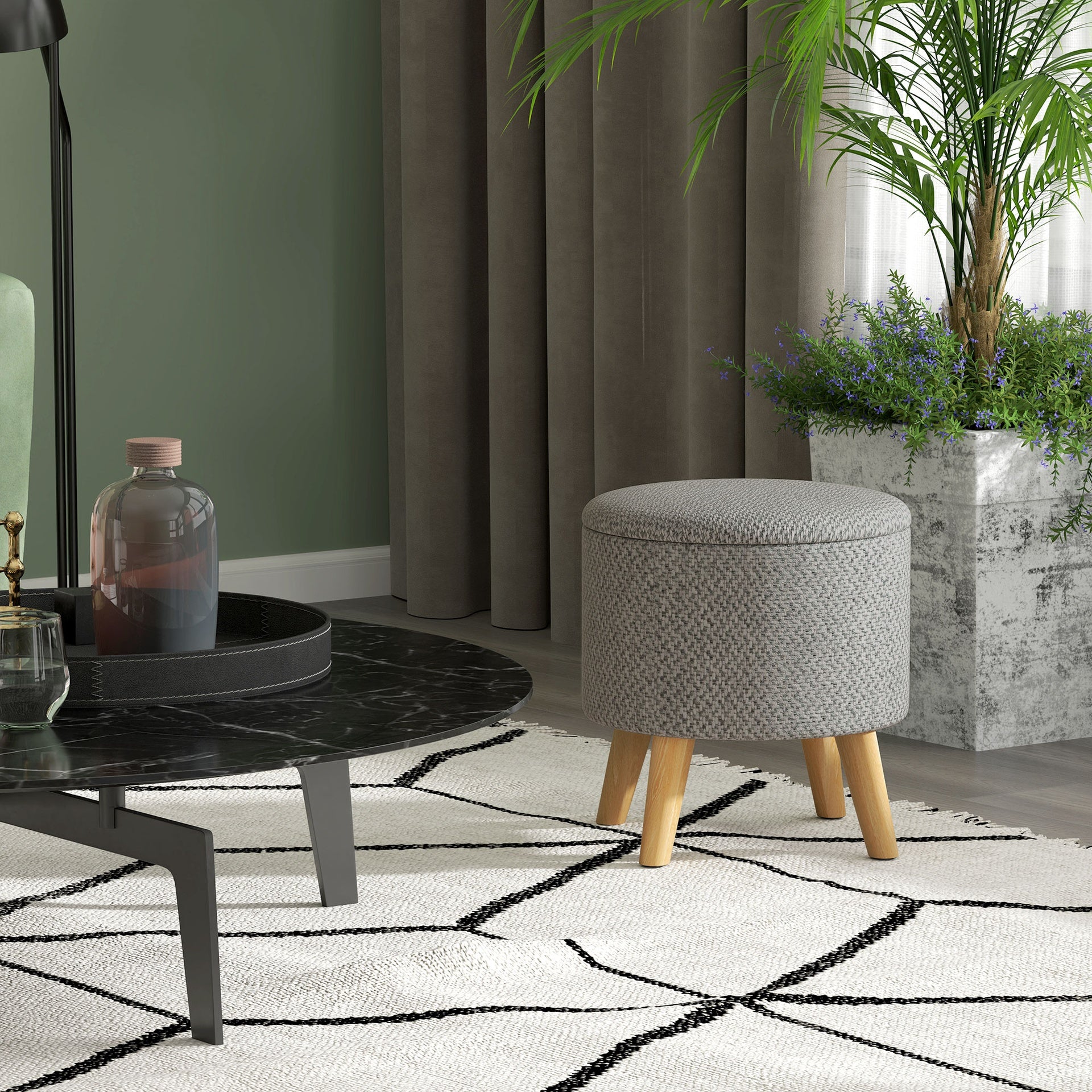 HOMCOM Round Ottoman Stool with Storage, Linen Upholstered Foot Stool with Padded Seat, Hidden Space and Wood Legs, Light Gray