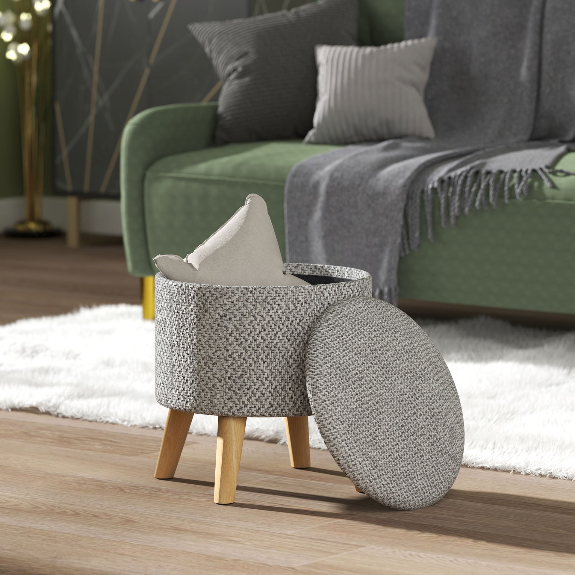 HOMCOM Round Ottoman Stool with Storage, Linen Upholstered Foot Stool with Padded Seat, Hidden Space and Wood Legs, Light Gray