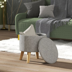 HOMCOM Round Ottoman Stool with Storage, Linen Upholstered Foot Stool with Padded Seat, Hidden Space and Wood Legs, Light Gray