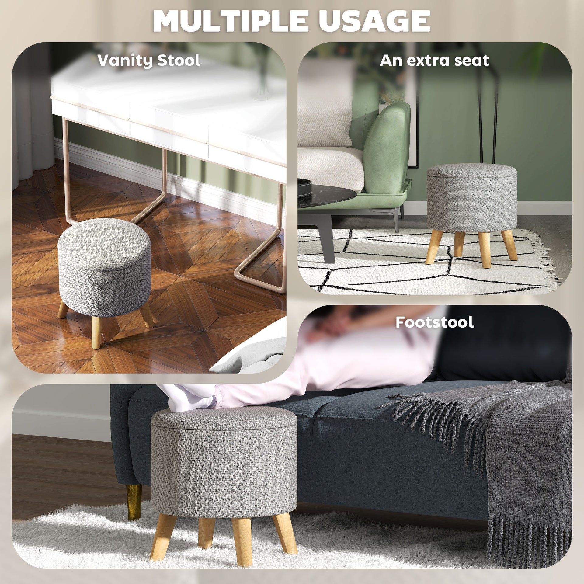 HOMCOM Round Ottoman Stool with Storage, Linen Upholstered Foot Stool with Padded Seat, Hidden Space and Wood Legs, Light Gray