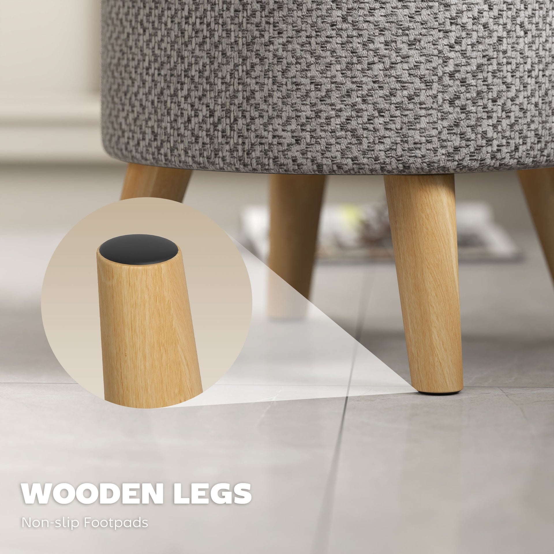 HOMCOM Round Ottoman Stool with Storage, Linen Upholstered Foot Stool with Padded Seat, Hidden Space and Wood Legs, Light Gray