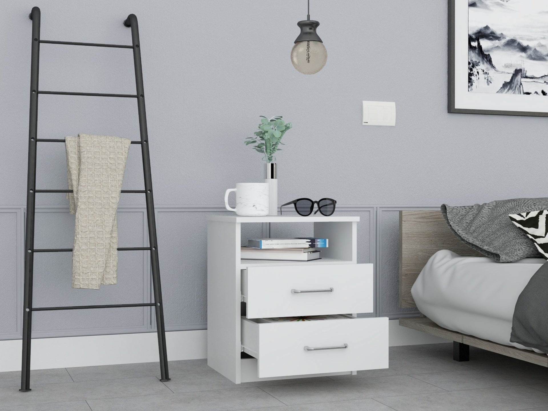 Napoles Nightstand , End Table, Side Table Superior Top, Two Drawers, One Shelf -White
