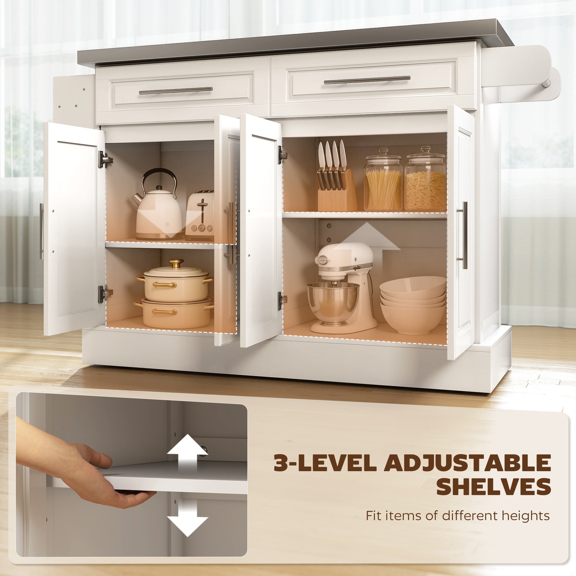 HOMCOM Rolling Kitchen Island Cart with 47" Stainless Steel Top, Portable Island Table for Kitchen with Wheels, Adjustable Shelves, 2 Drawers, Spice, Knife and Towel Rack, White