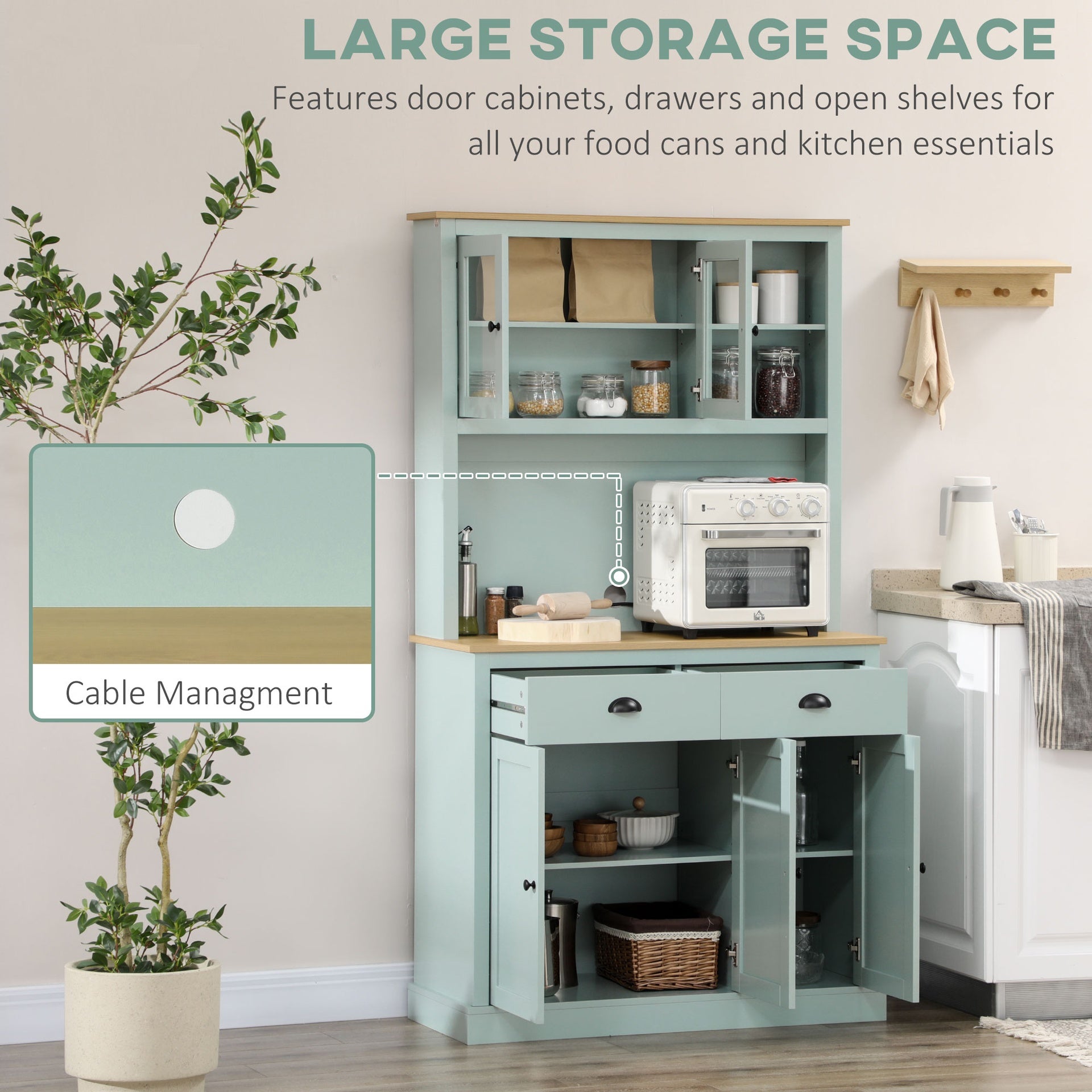 HOMCOM Kitchen Pantry Storage Cabinet with Microwave Stand, 71" Modern Kitchen Hutch with Open Countertop, Glass Doors, Storage Drawers and Adjustable Shelves for Dining Room, Coffee Bar, Light Green