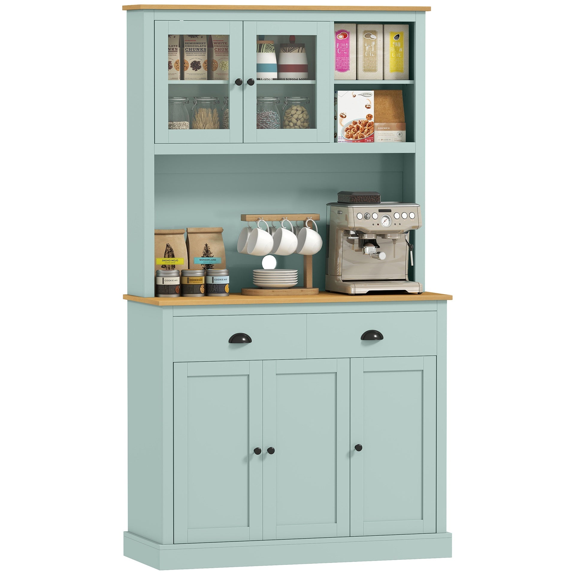 HOMCOM Kitchen Pantry Storage Cabinet with Microwave Stand, 71" Modern Kitchen Hutch with Open Countertop, Glass Doors, Storage Drawers and Adjustable Shelves for Dining Room, Coffee Bar, Light Green