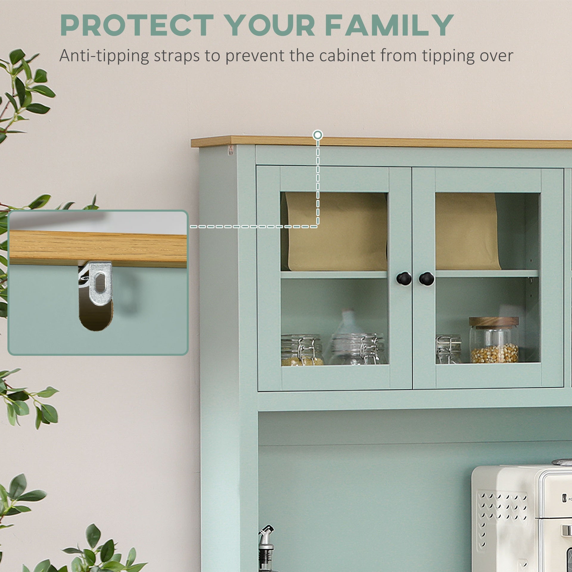 HOMCOM Kitchen Pantry Storage Cabinet with Microwave Stand, 71" Modern Kitchen Hutch with Open Countertop, Glass Doors, Storage Drawers and Adjustable Shelves for Dining Room, Coffee Bar, Light Green